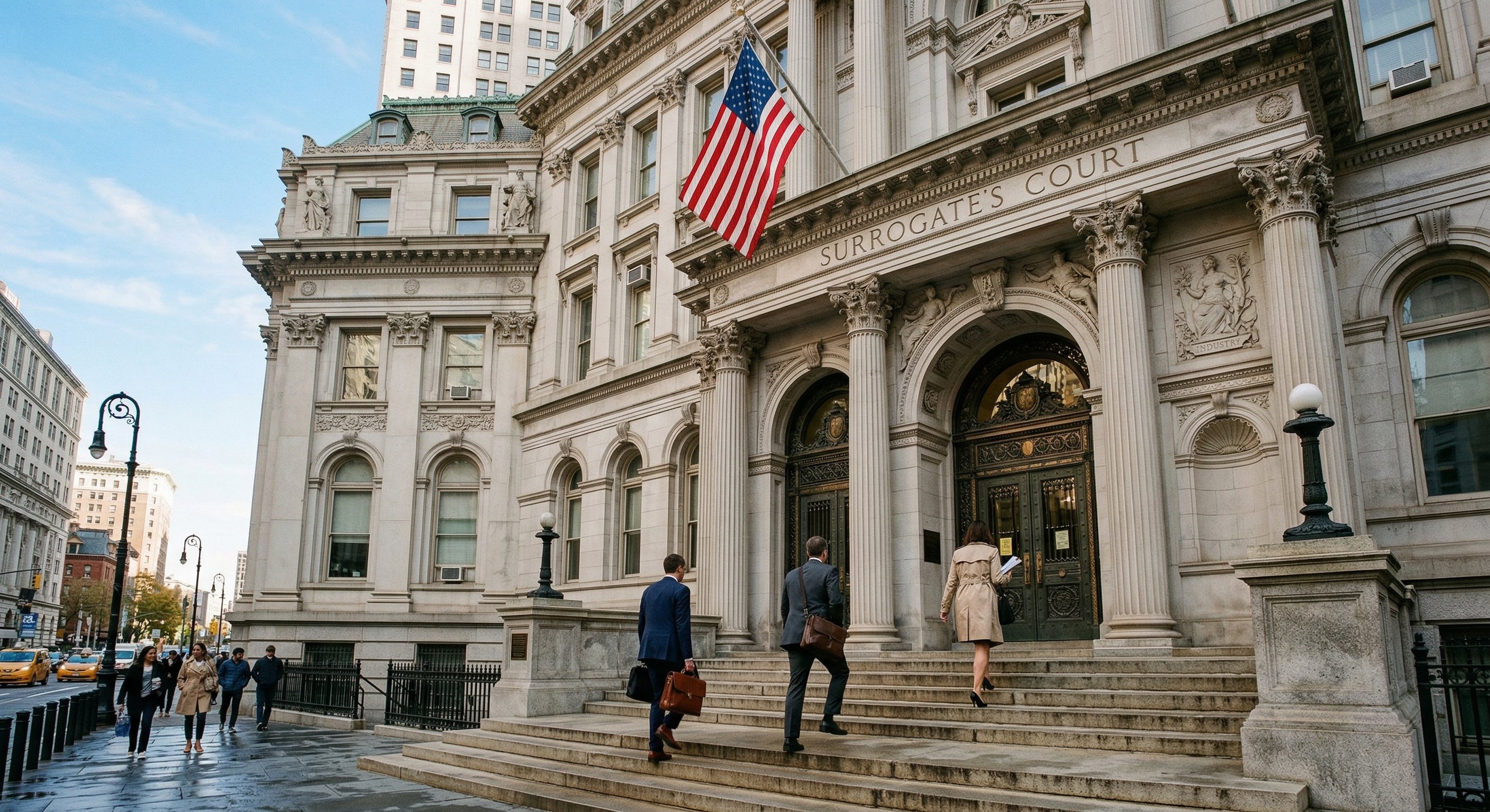 New York Surrogate's Court exterior — a stone government building with carved entrance and legal notices posted, morning light