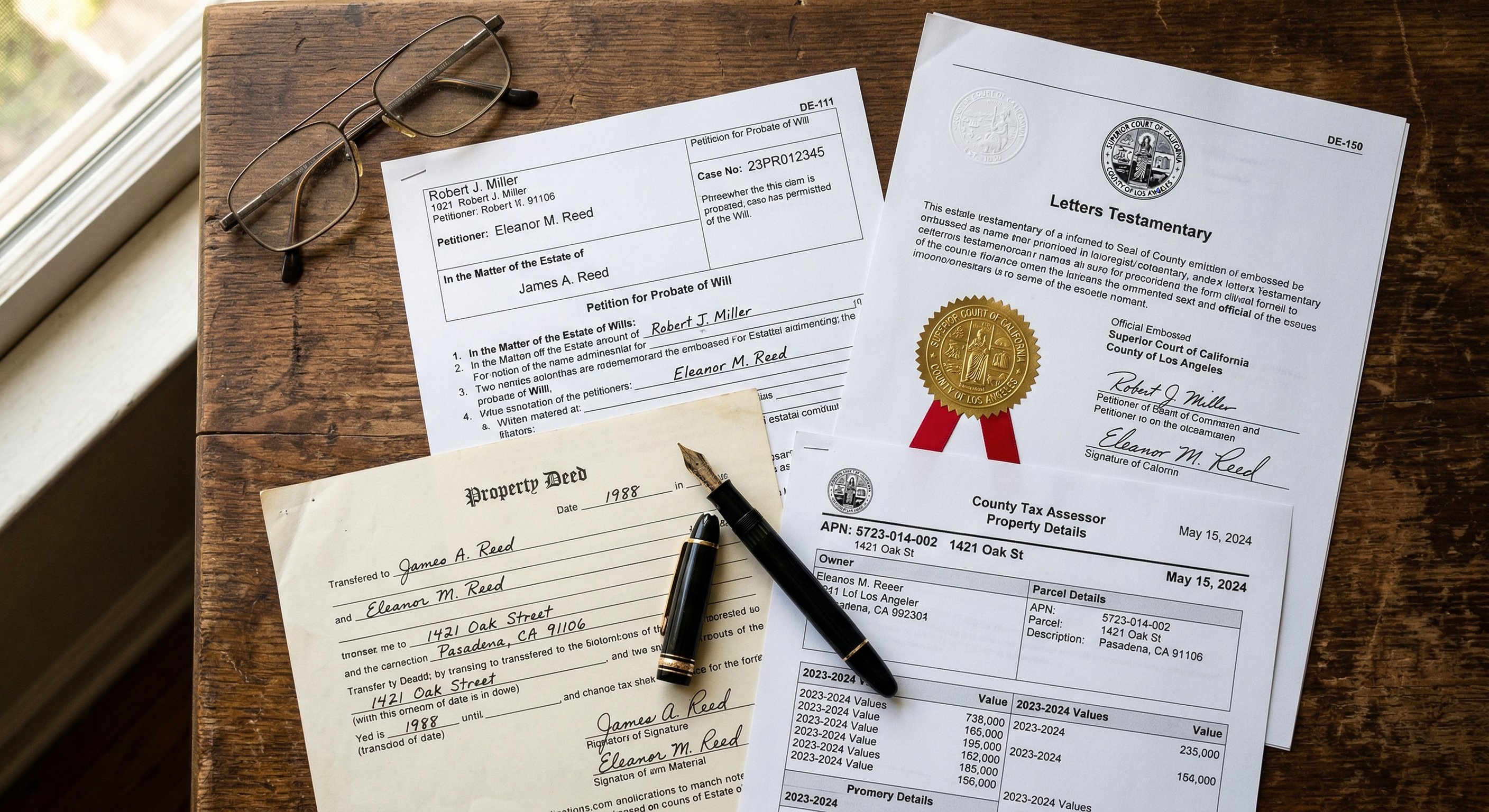 Estate documents spread across a desk — probate petition, letters testamentary, property deed, and assessor records for a New York property