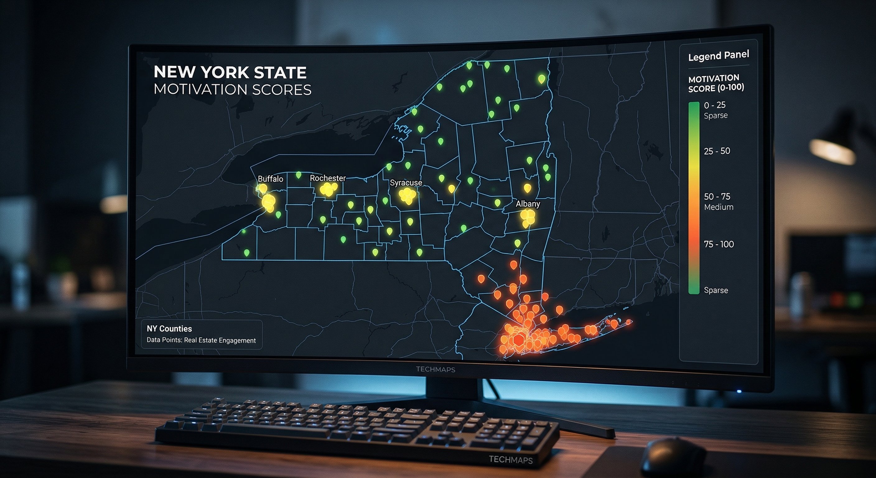 State map of New York showing county-level probate filing intensity with pin clusters concentrated in NYC boroughs, Long Island, and Westchester, fading to light coverage upstate