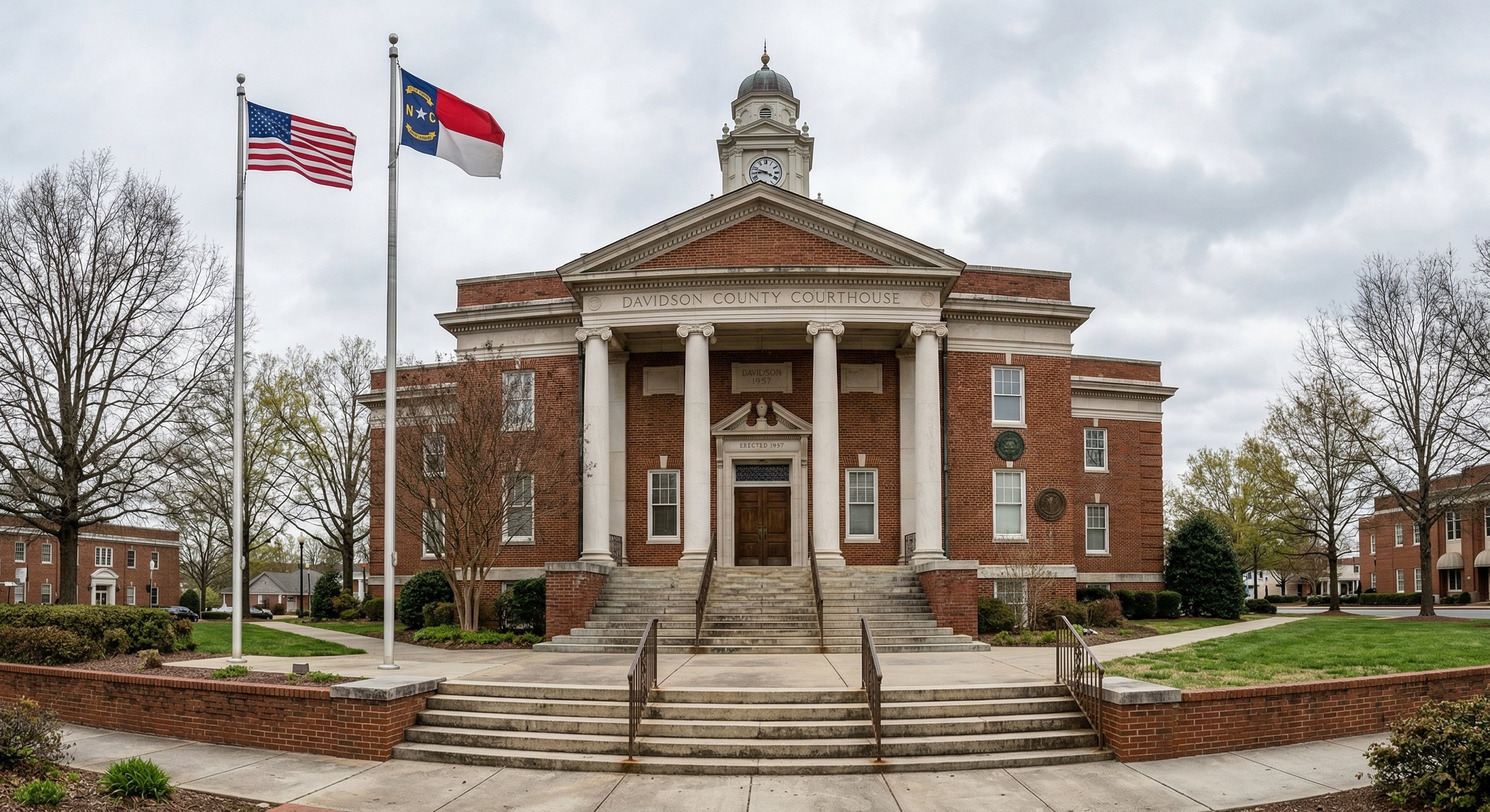 Wake County Courthouse exterior in Raleigh, North Carolina, classical government architecture, American flag, stone steps, overcast sky