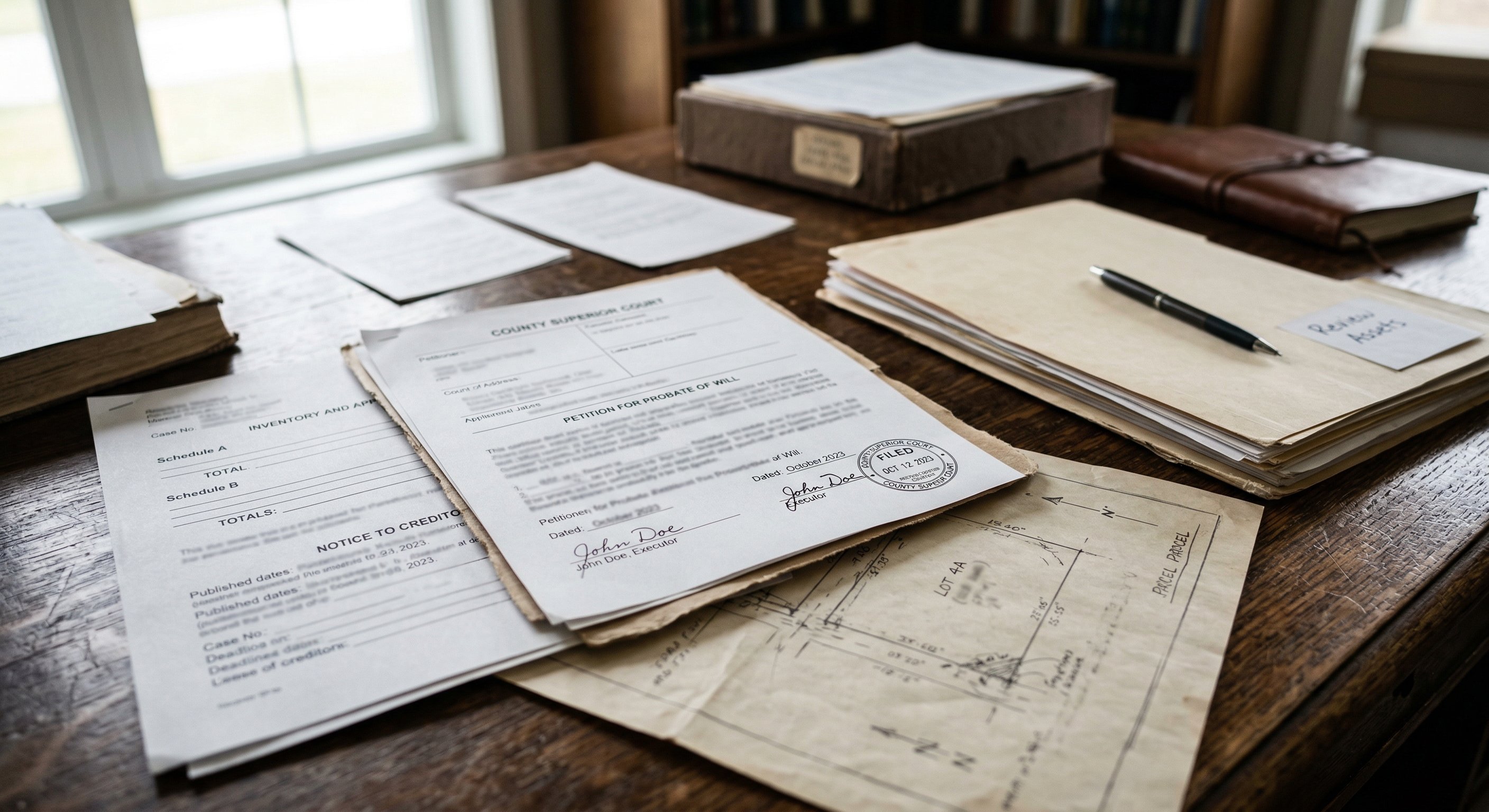 Probate estate documents spread on an oak desk — inventory filing, letters testamentary, creditor notice — with a property parcel map visible