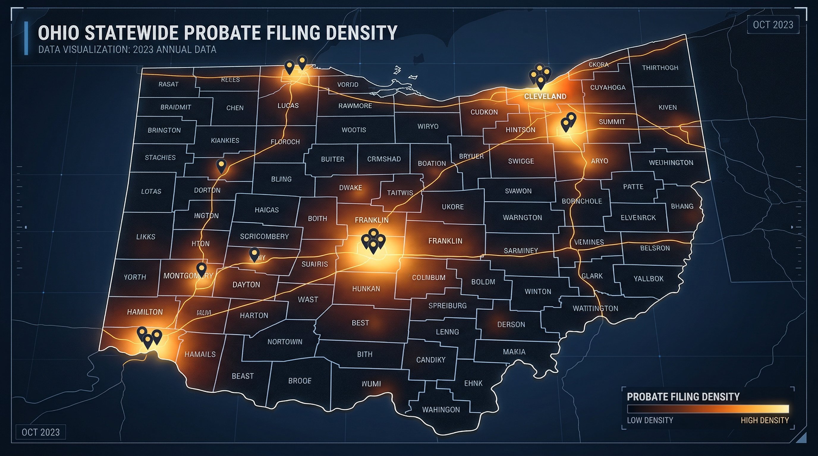 Ohio state map showing probate court coverage across 88 counties with heat overlay of active filings