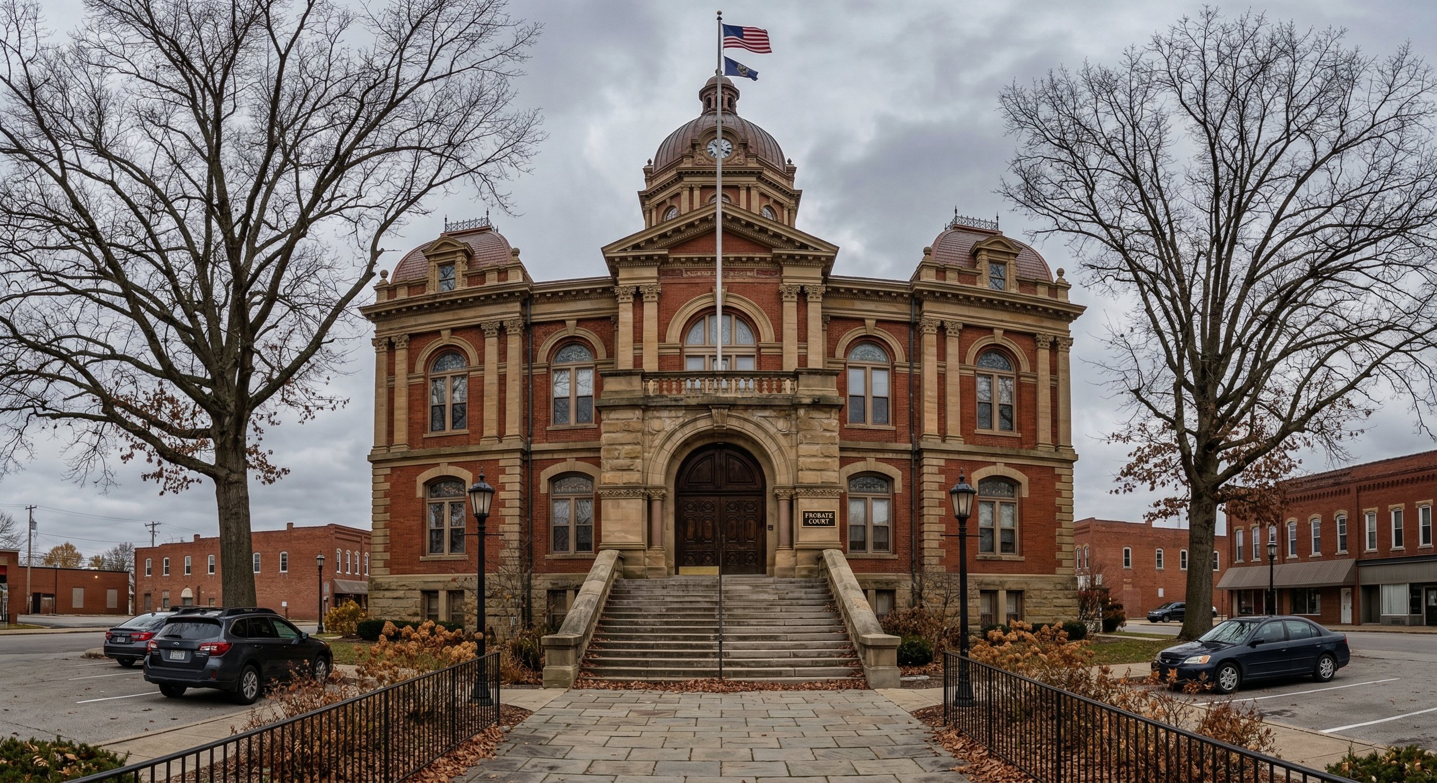 County courthouse exterior in Ohio showing classic brick architecture with "Probate Court" signage