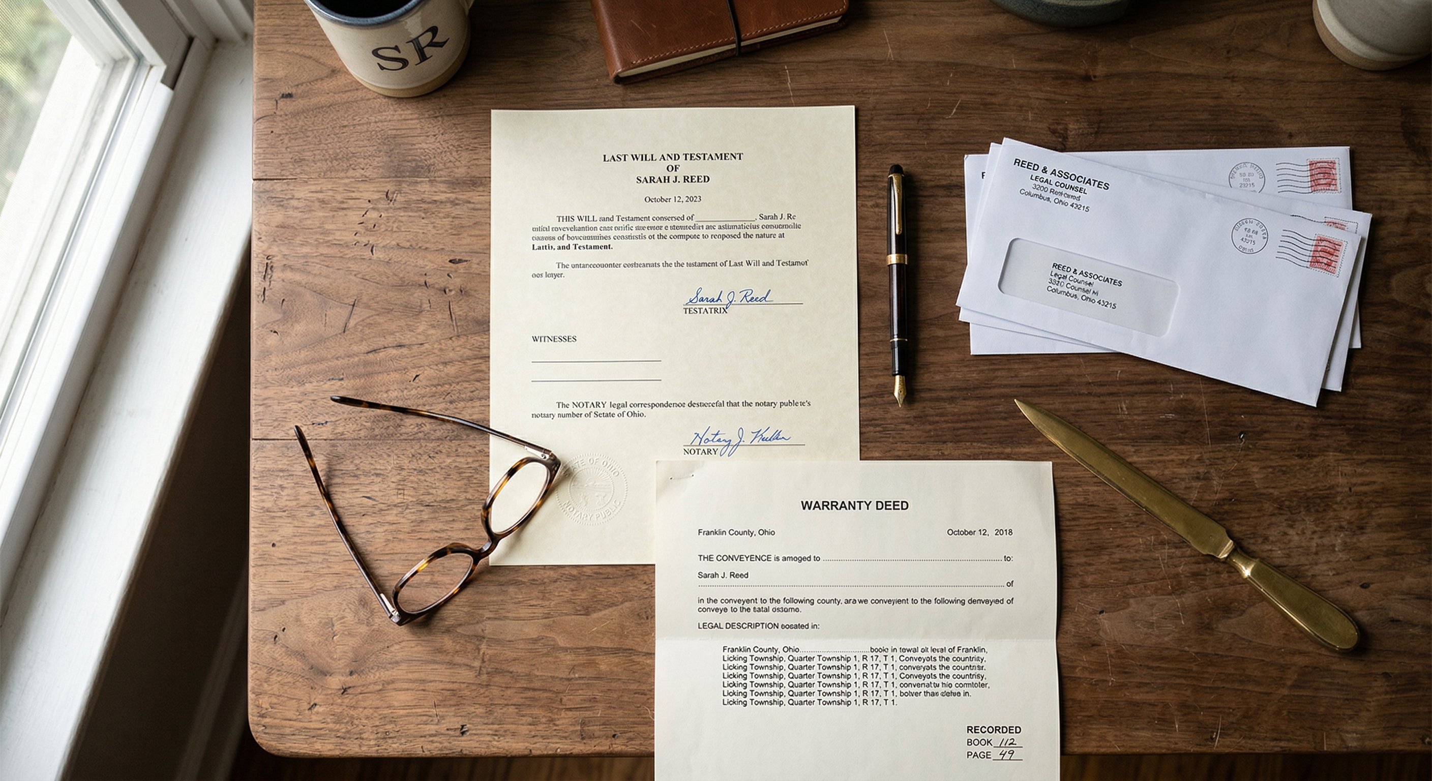 Estate planning documents including a will and property deed laid flat on a wooden desk with natural window light