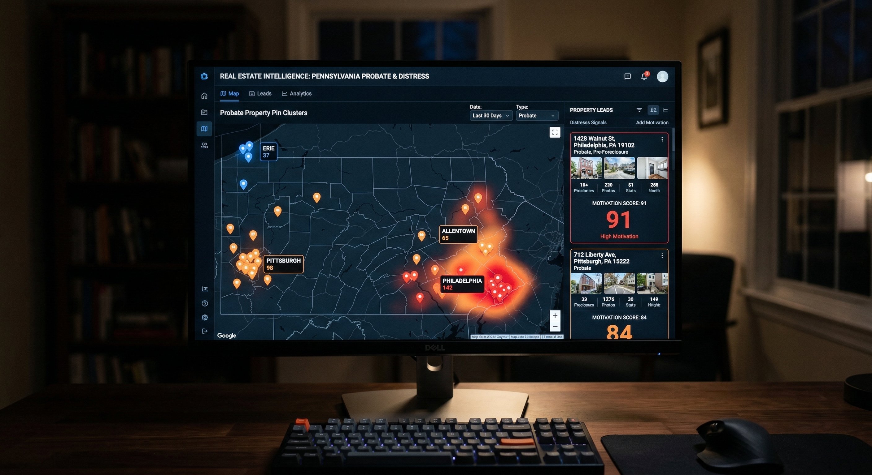 Stylized property data dashboard showing Pennsylvania counties with probate signal heat map and motivation scores