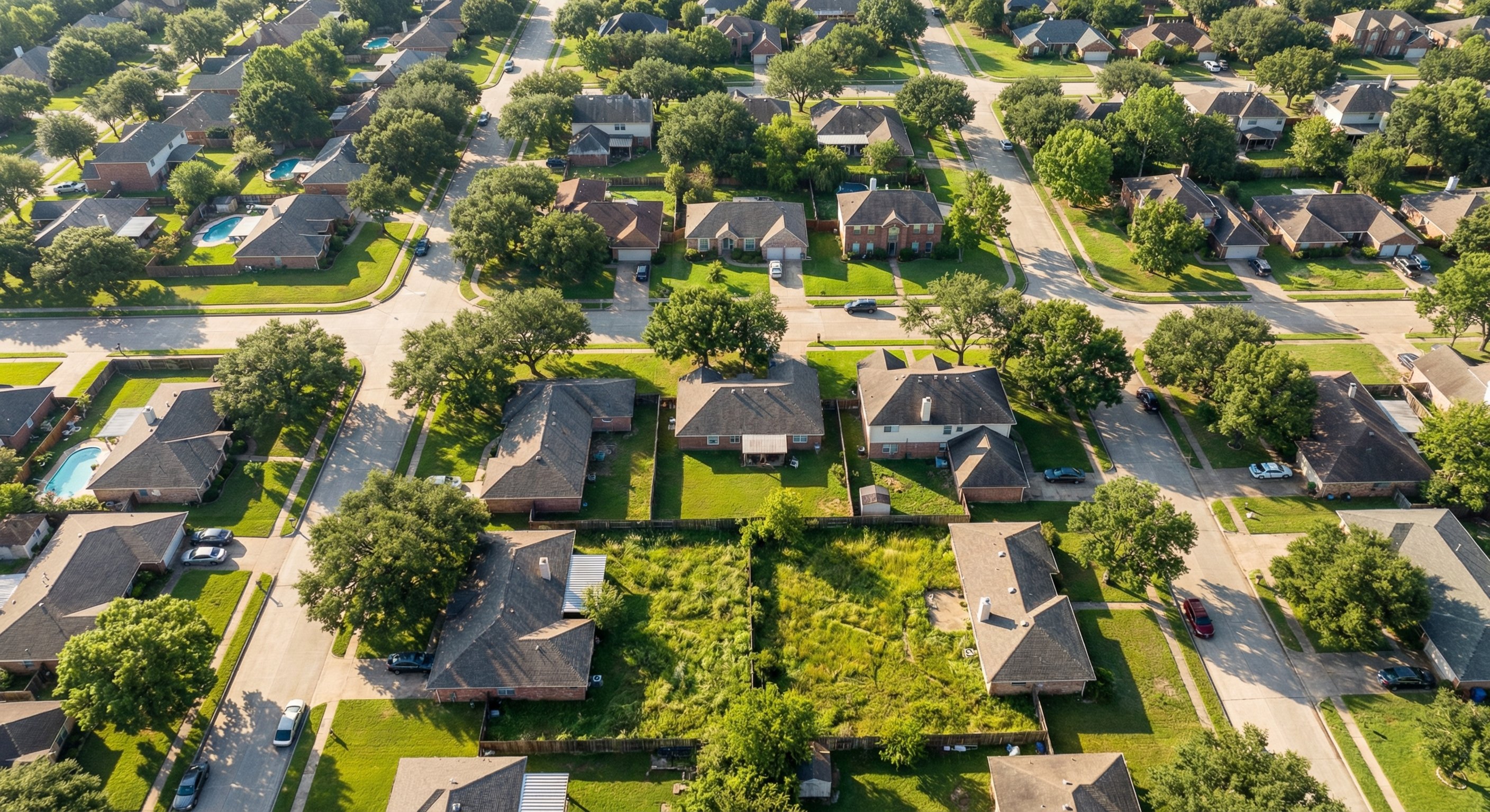Texas suburban neighborhood aerial view — mix of