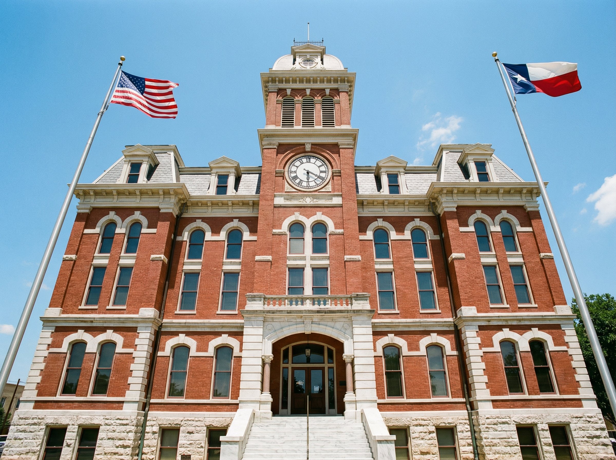 Texas county courthouse exterior with Texas state