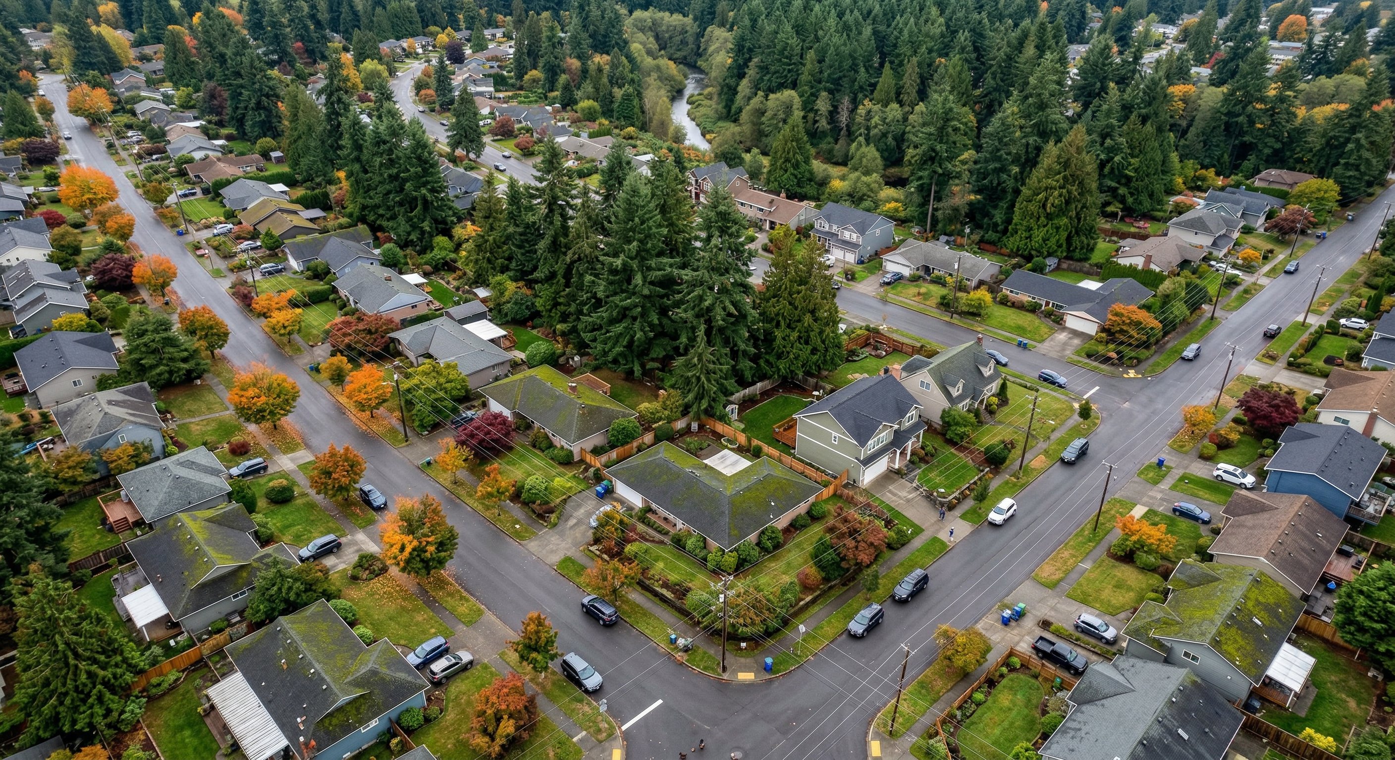 Aerial drone photograph of a Pacific Northwest suburban neighborhood with tree-lined streets in Washington State, showing a mix of older craftsman and ranch homes typical of Tacoma and south King County