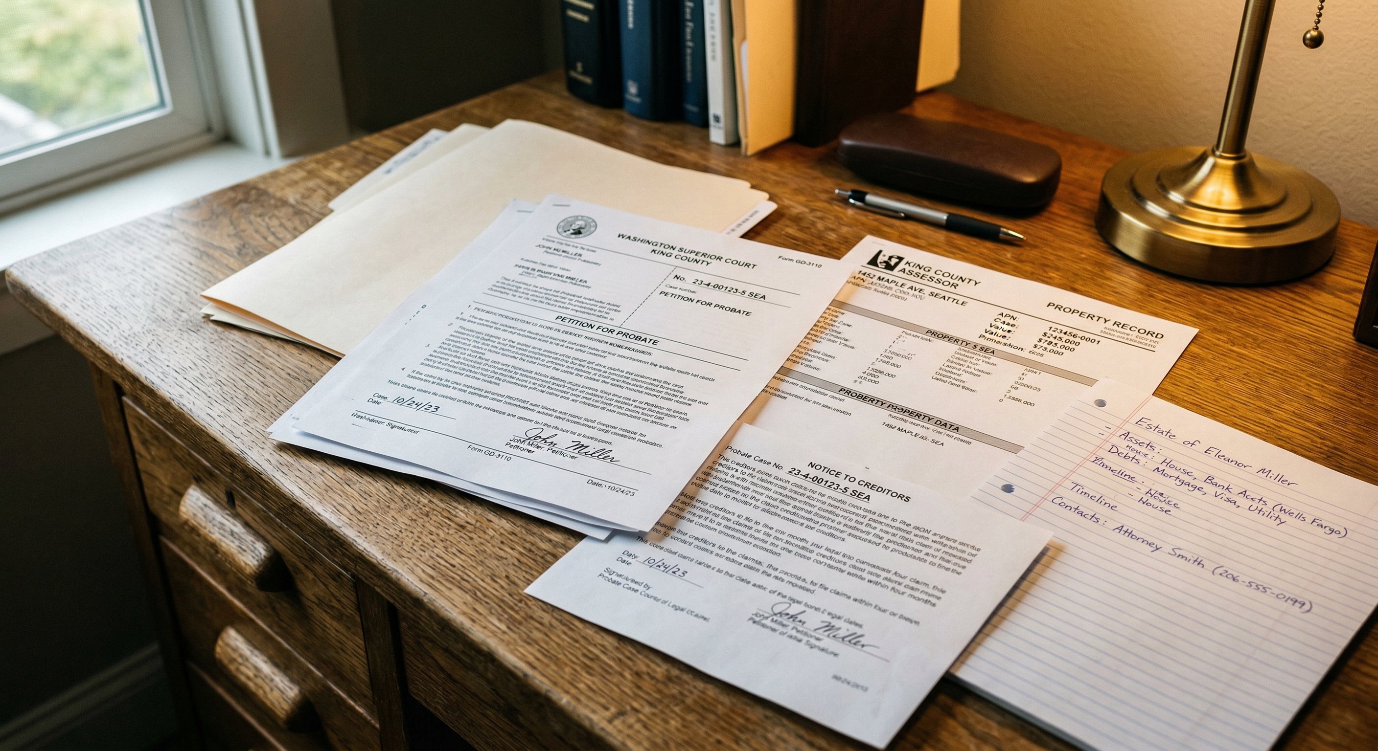Probate estate documents, court filings, and a Washington State Superior Court notice spread across a desk alongside a county assessor printout