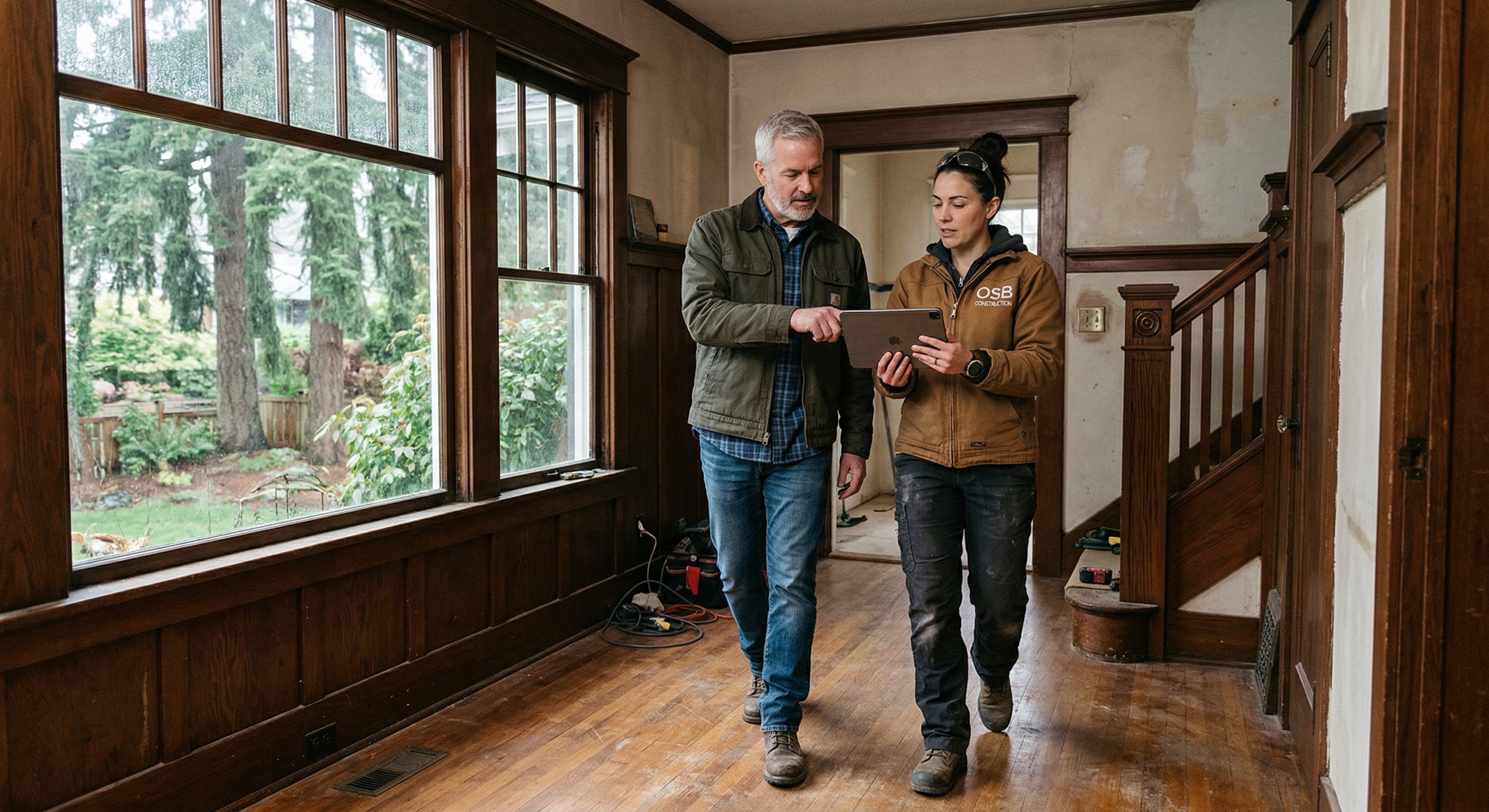 Real estate investor walking through a Pacific Northwest craftsman home with a contractor during a probate property walkthrough, reviewing condition and repair scope, outdoor rainy Washington weather visible through windows