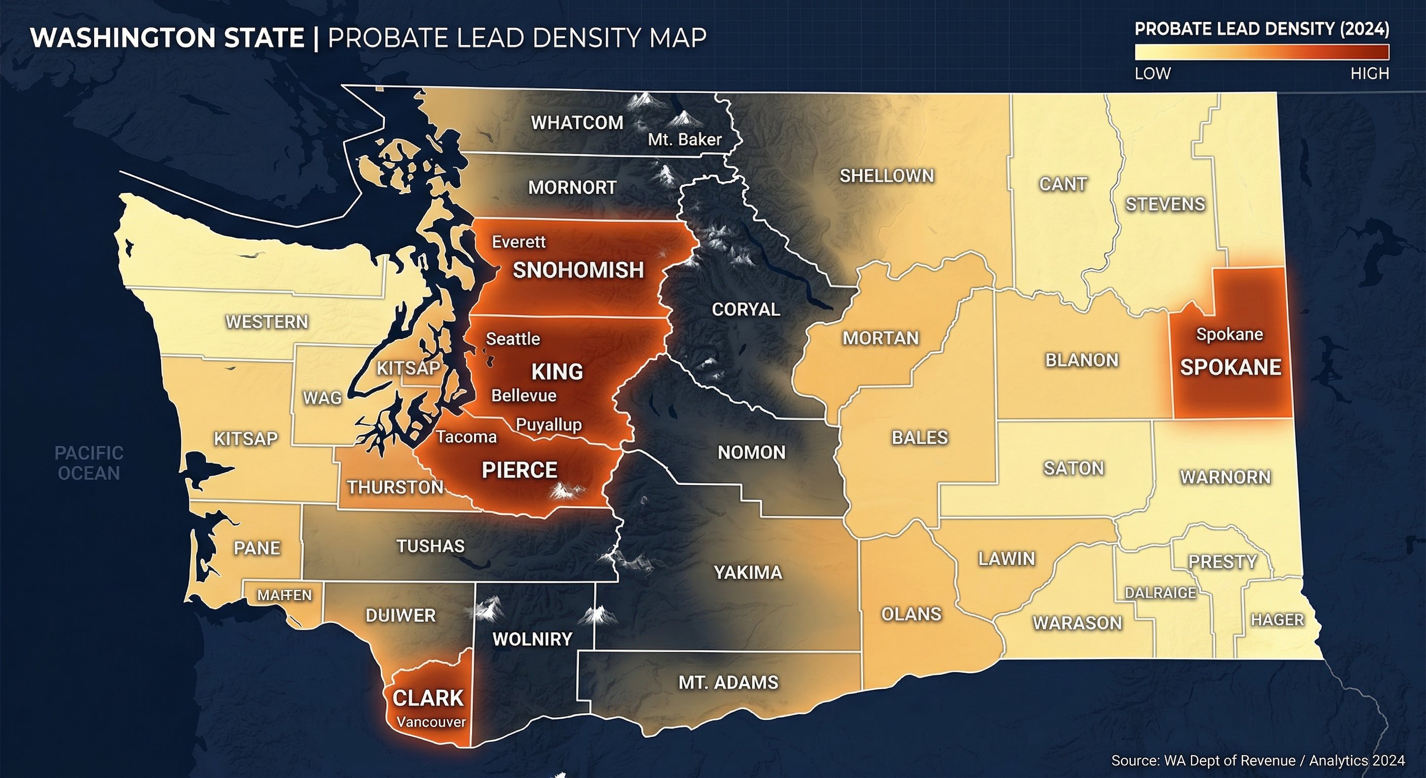 Stylized Washington state county map with heat overlay showing probate lead density, with King, Pierce, Snohomish, Spokane, and Clark counties highlighted as highest-volume markets