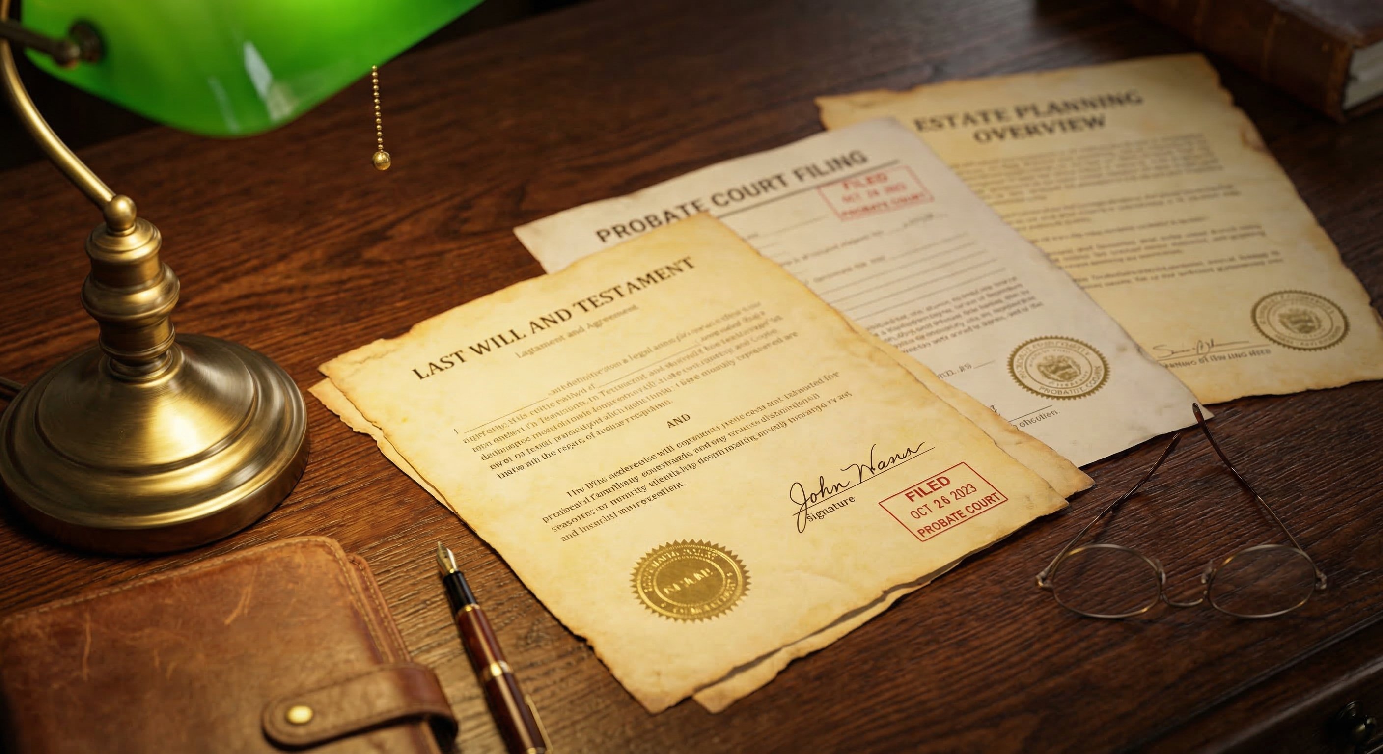 Document close-up of estate planning paperwork, will, and probate court filings spread across an oak desk with brass reading lamp, professional legal photography, shallow depth of field