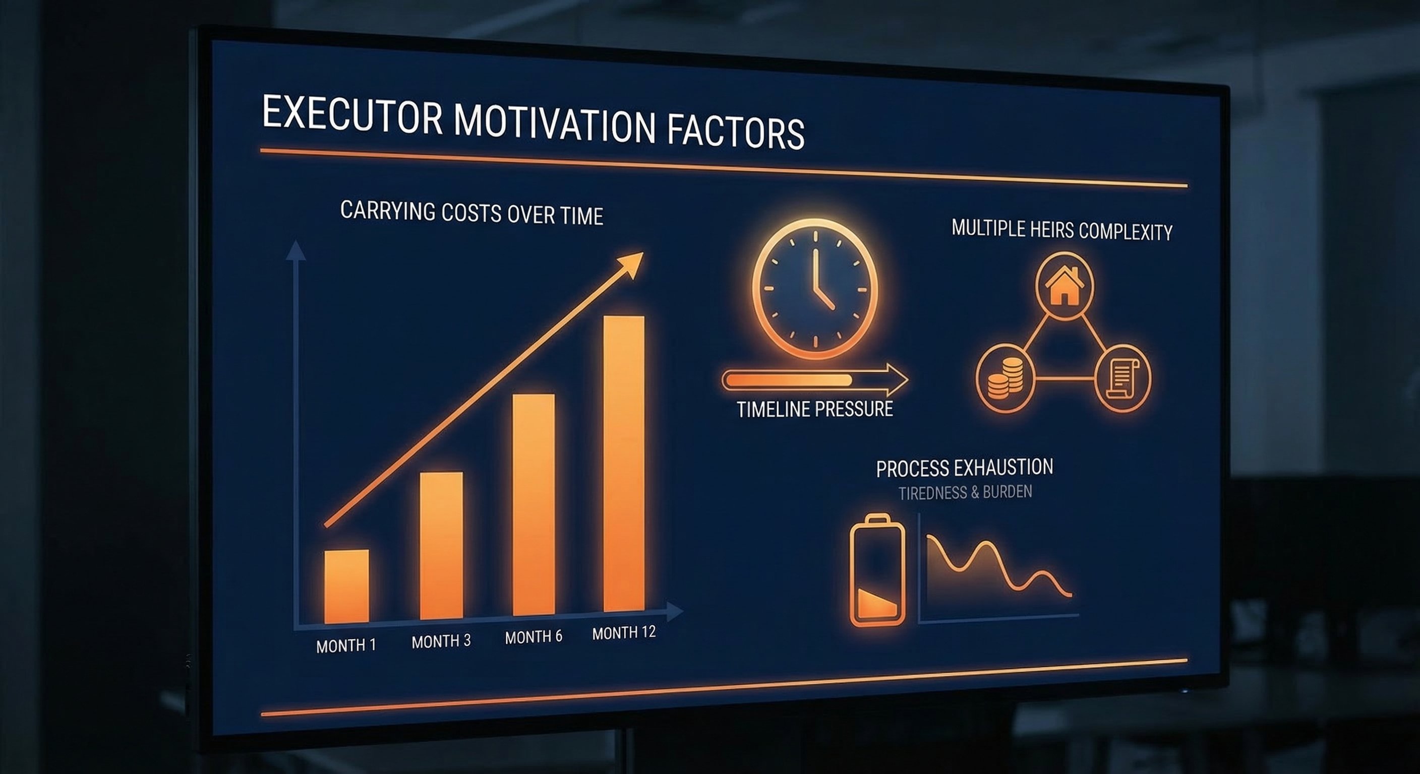 Infographic showing executor motivation factors: carrying costs bar chart, timeline pressure icon, multiple heirs diagram, and process exhaustion visual. Dark navy background with orange accent elements, professional data visualization, no people depicted