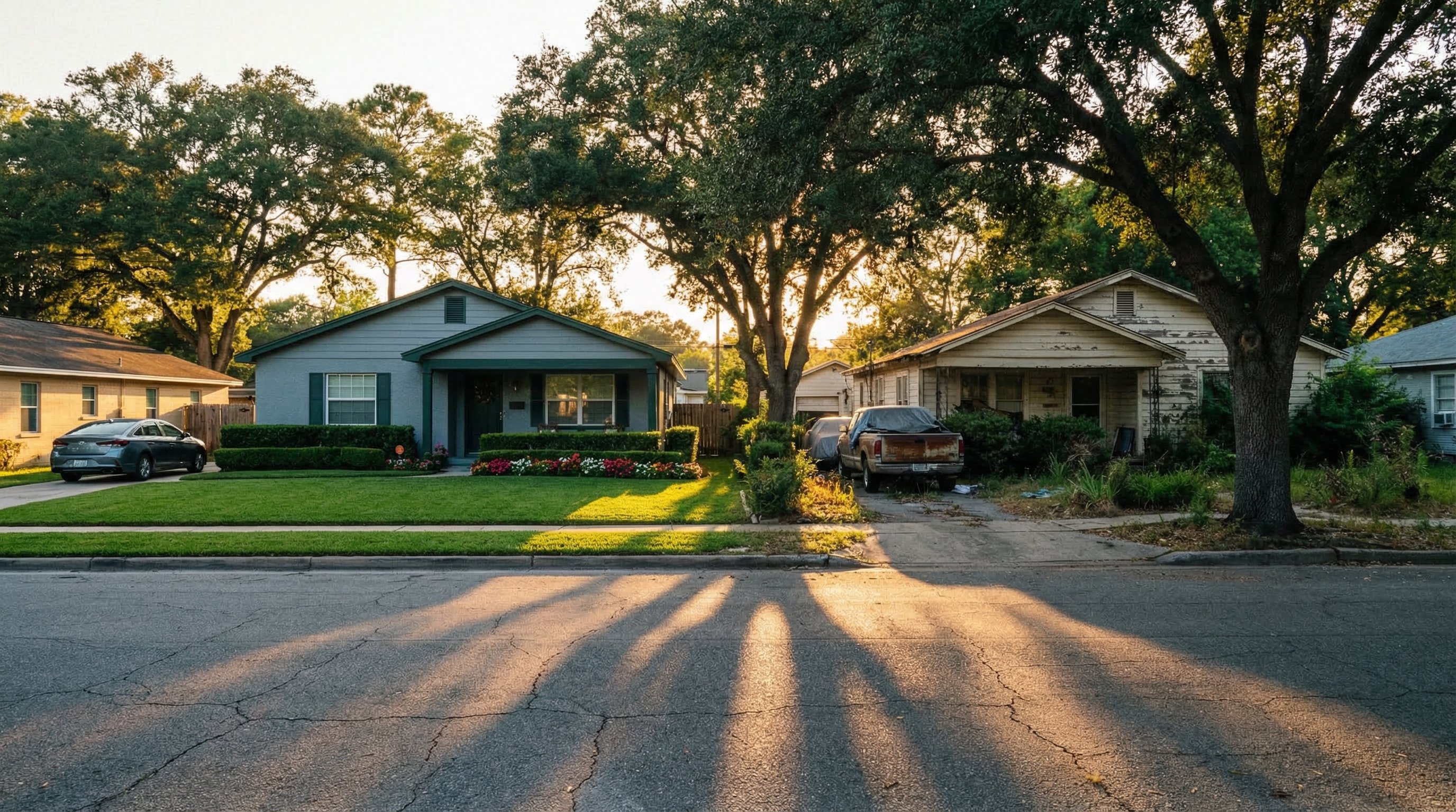 Wide-angle photograph of a suburban neighborhood showing a mix of well-maintained homes and properties with deferred maintenance, overgrown landscaping, representing the range of probate property conditions. Golden hour lighting, shot on 35mm lens, real estate documentary style