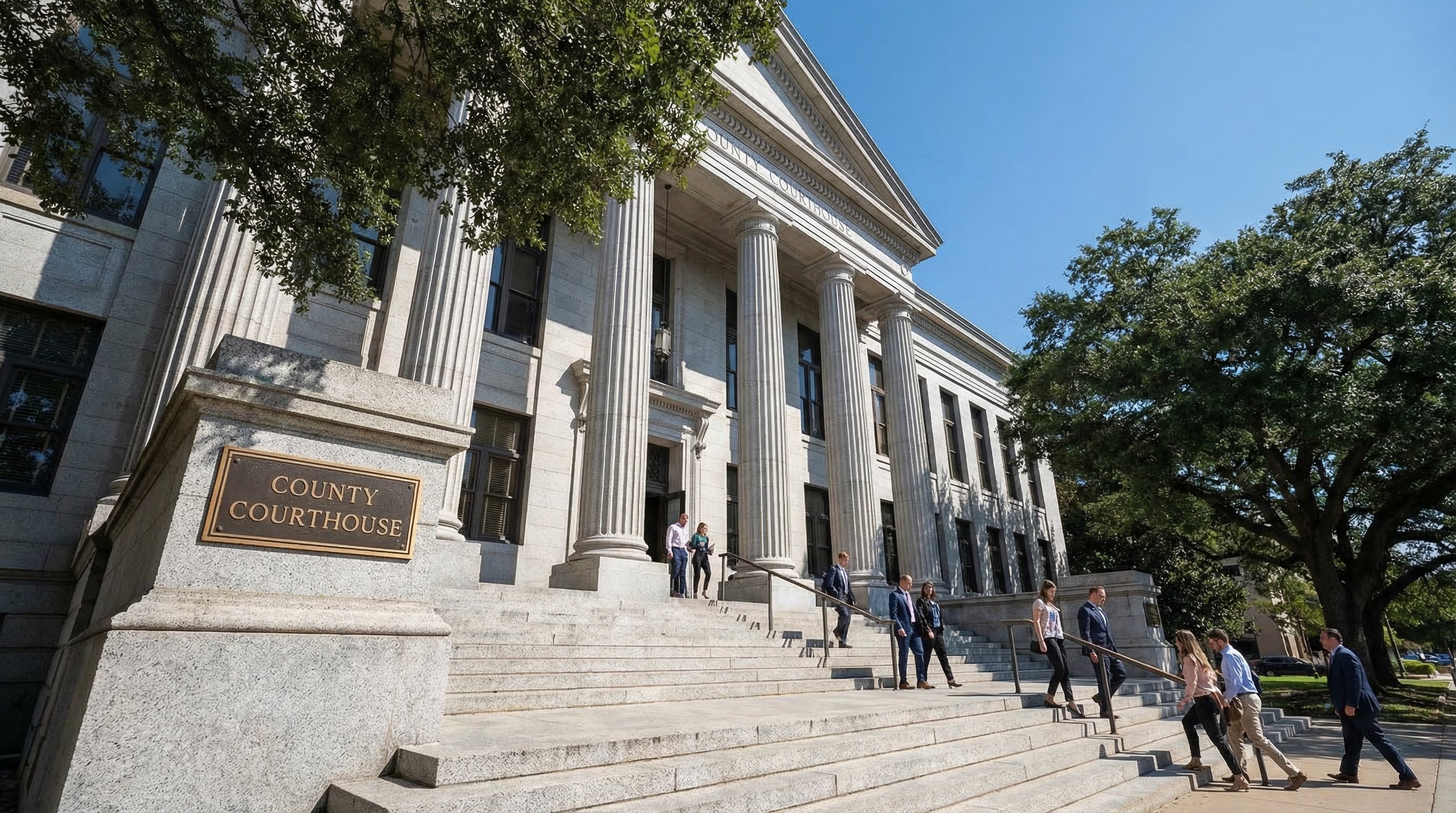 Classical county courthouse exterior with columns and granite steps, bronze plaque reading County Courthouse, mid-morning light with blue sky, architectural photography