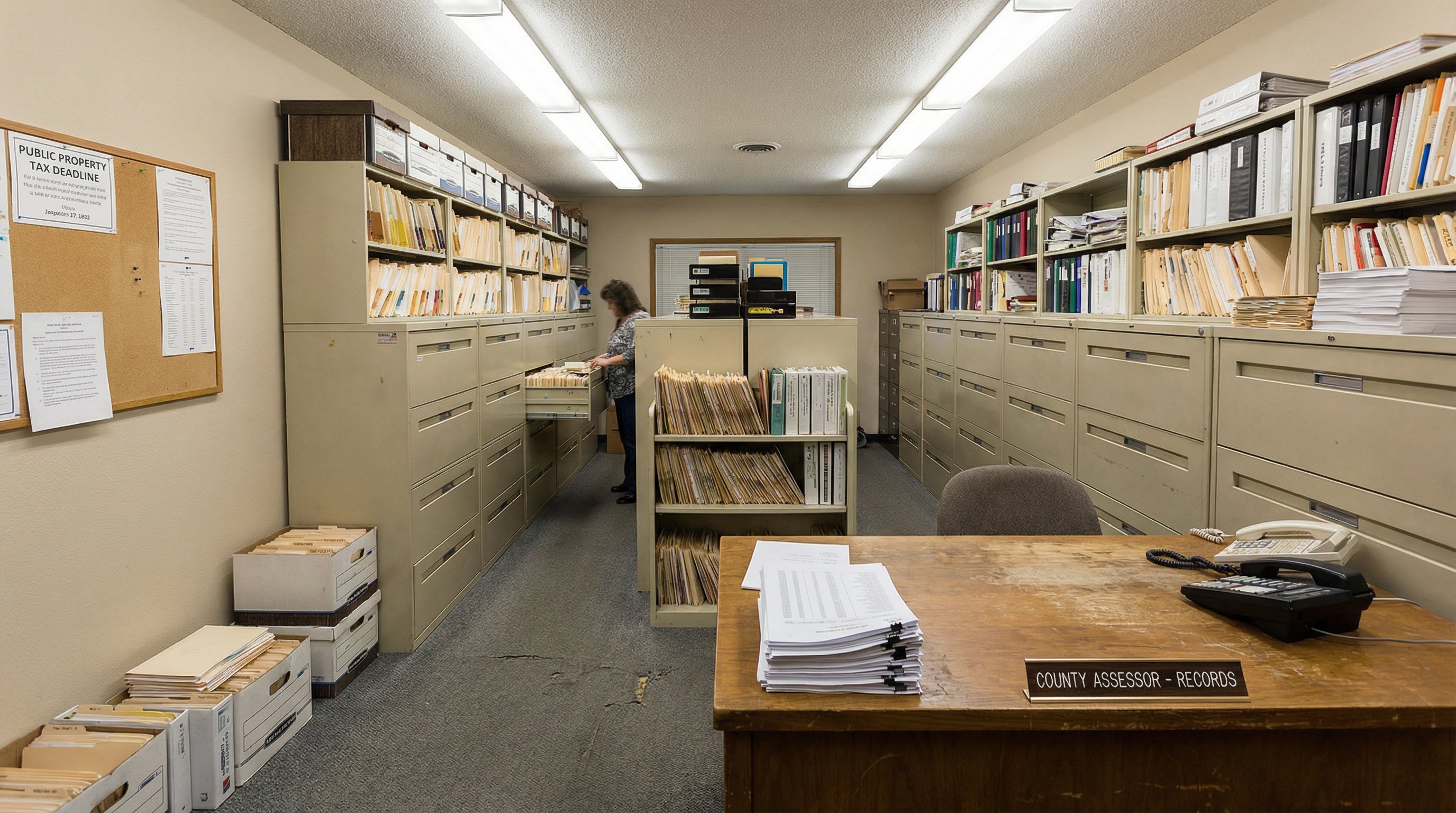 County assessor records room with filing cabinets and property documents
