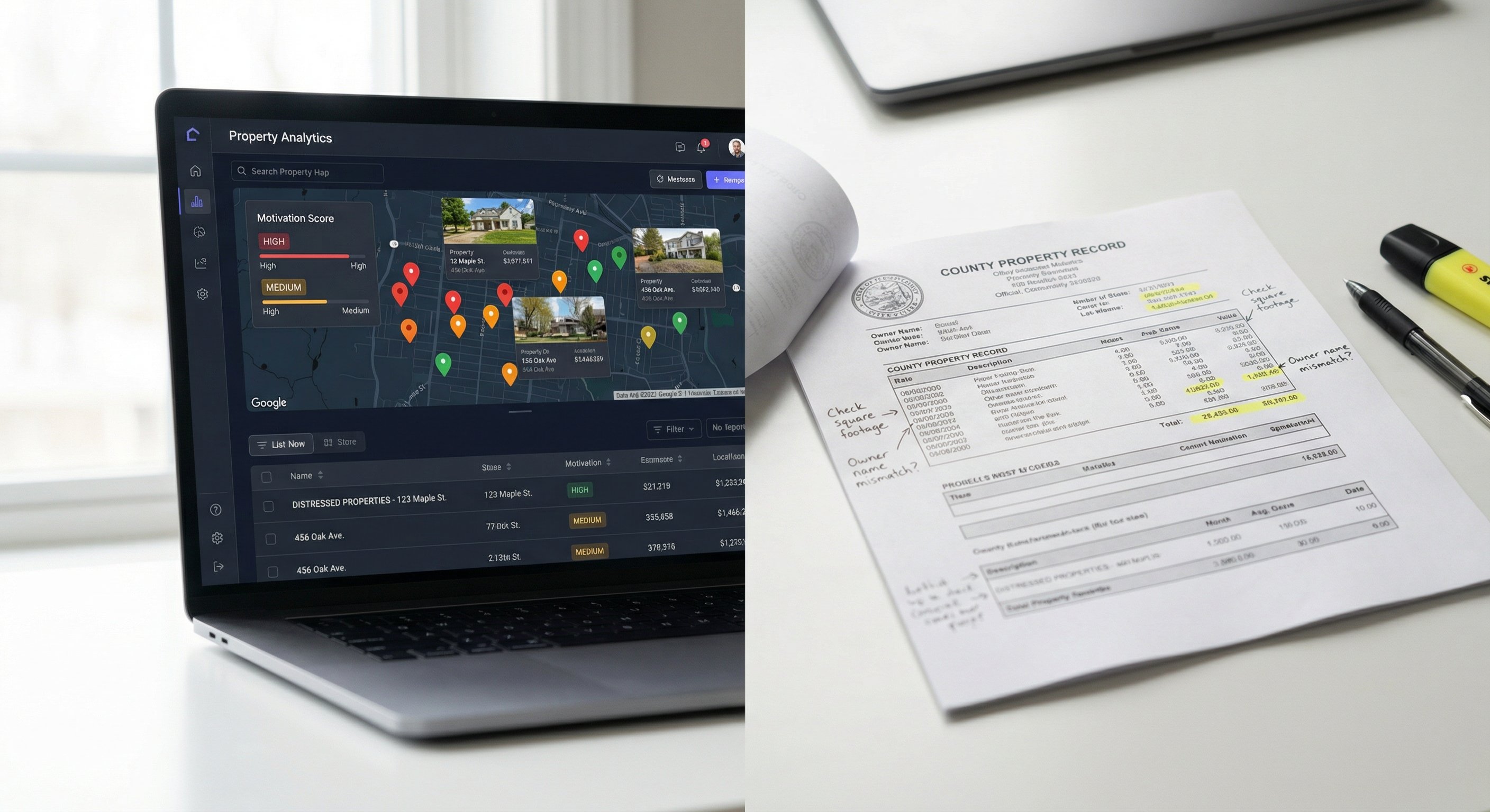 Dark-themed property analytics dashboard on laptop next to county property records document
