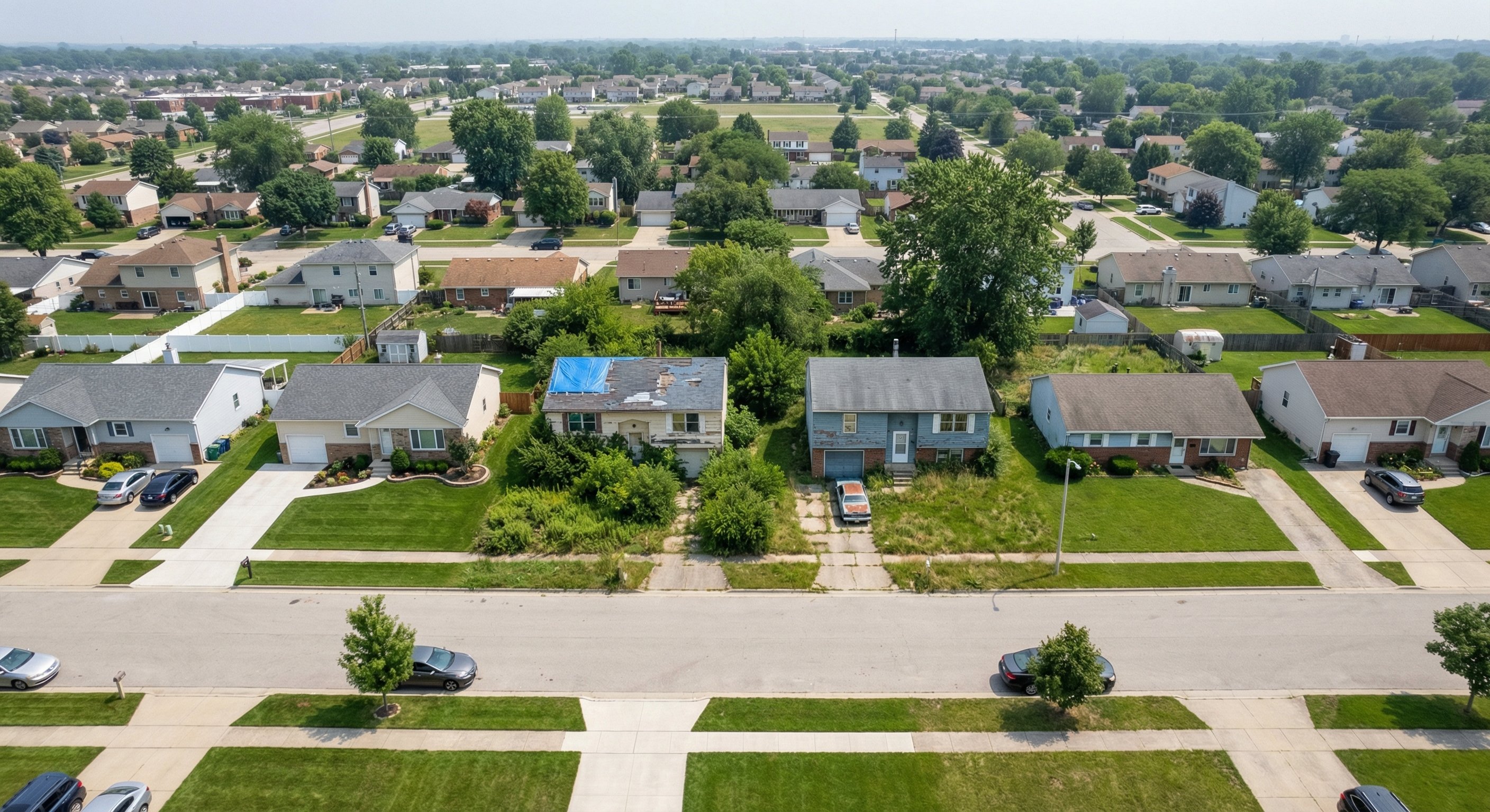 Aerial drone view of suburban neighborhood with mixed property conditions