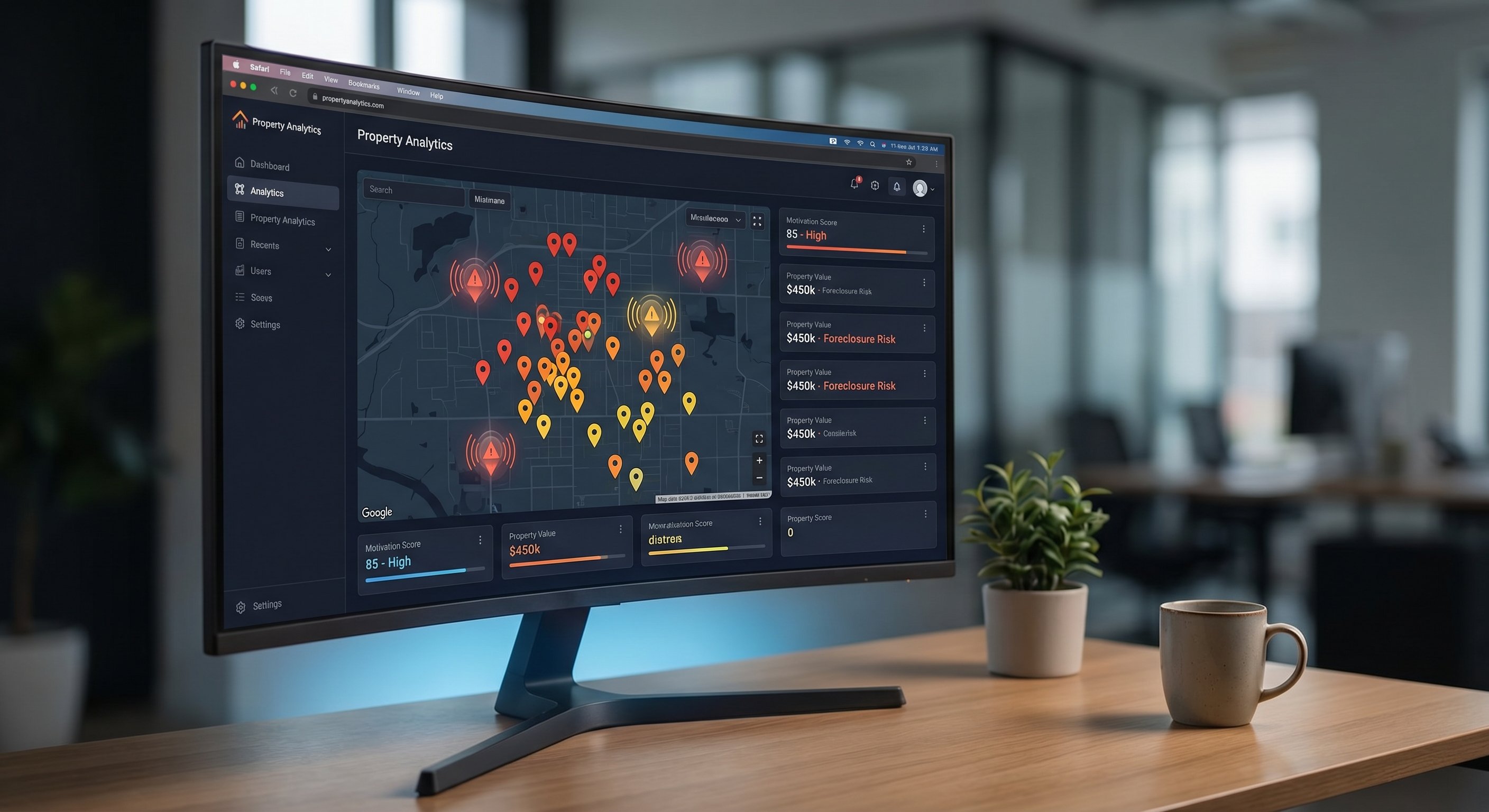 Dark-themed property analytics dashboard with map pins and motivation scores