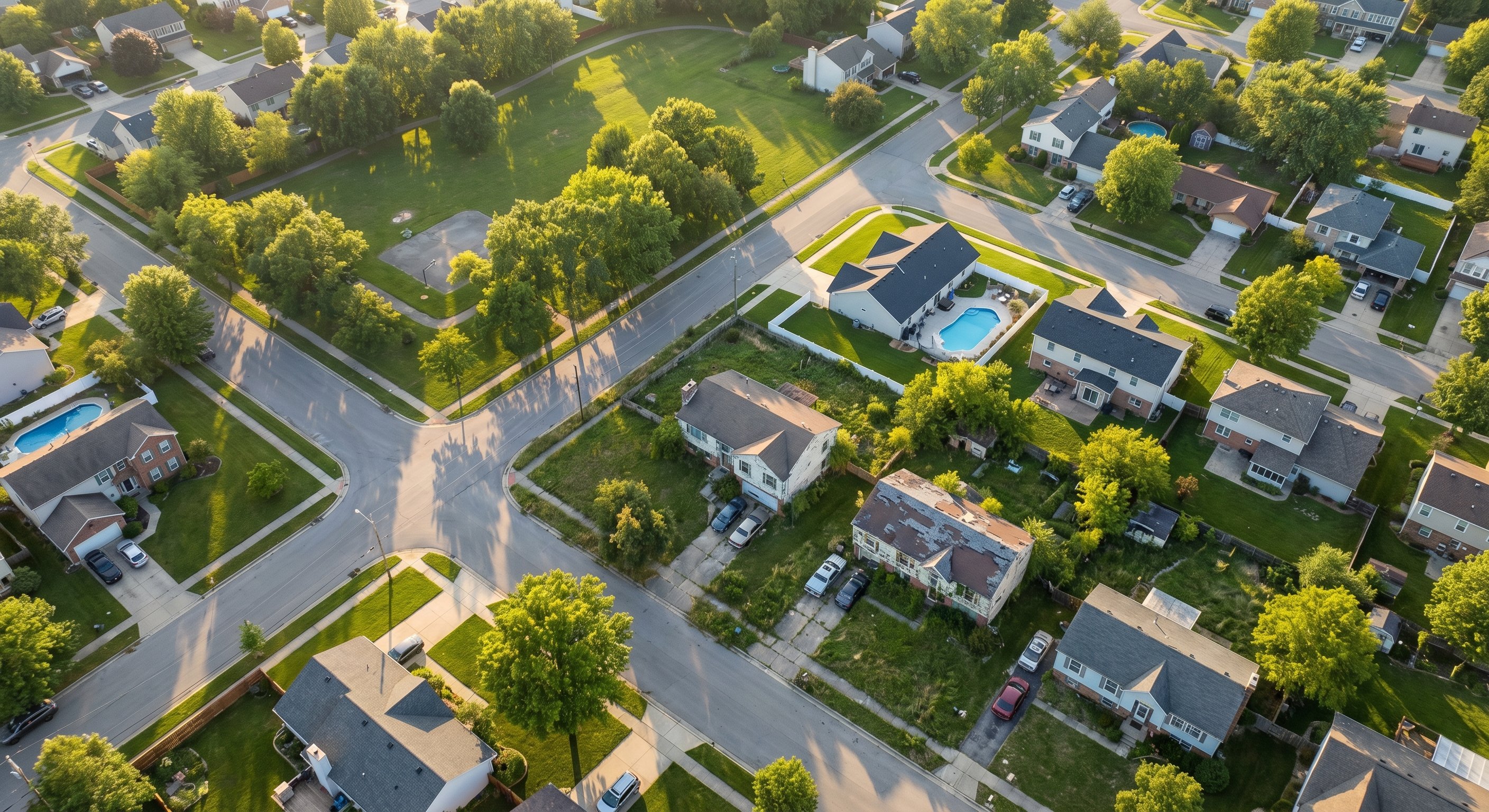 Aerial drone view of suburban neighborhood with mixed property conditions