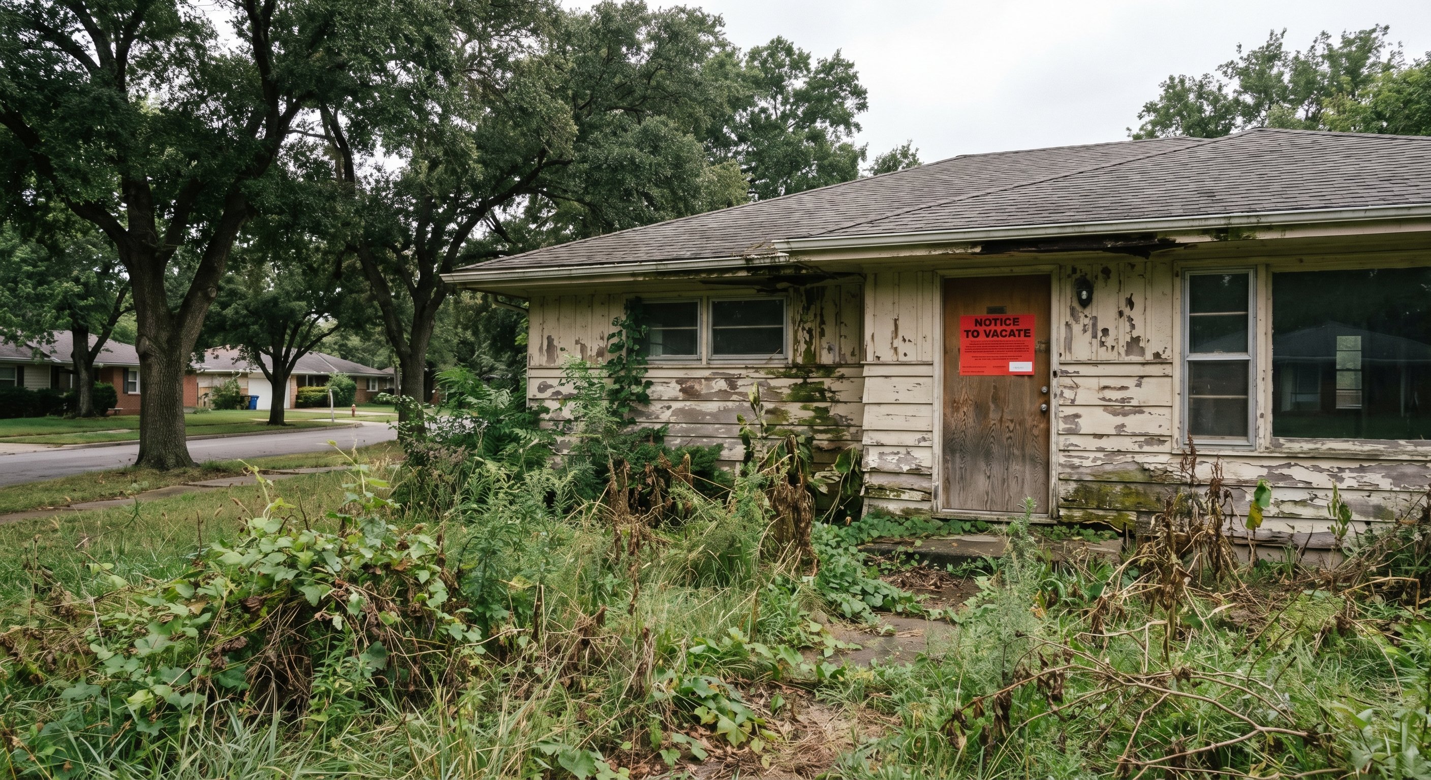 Distressed mid-century ranch home with overgrown lawn and official notice on door