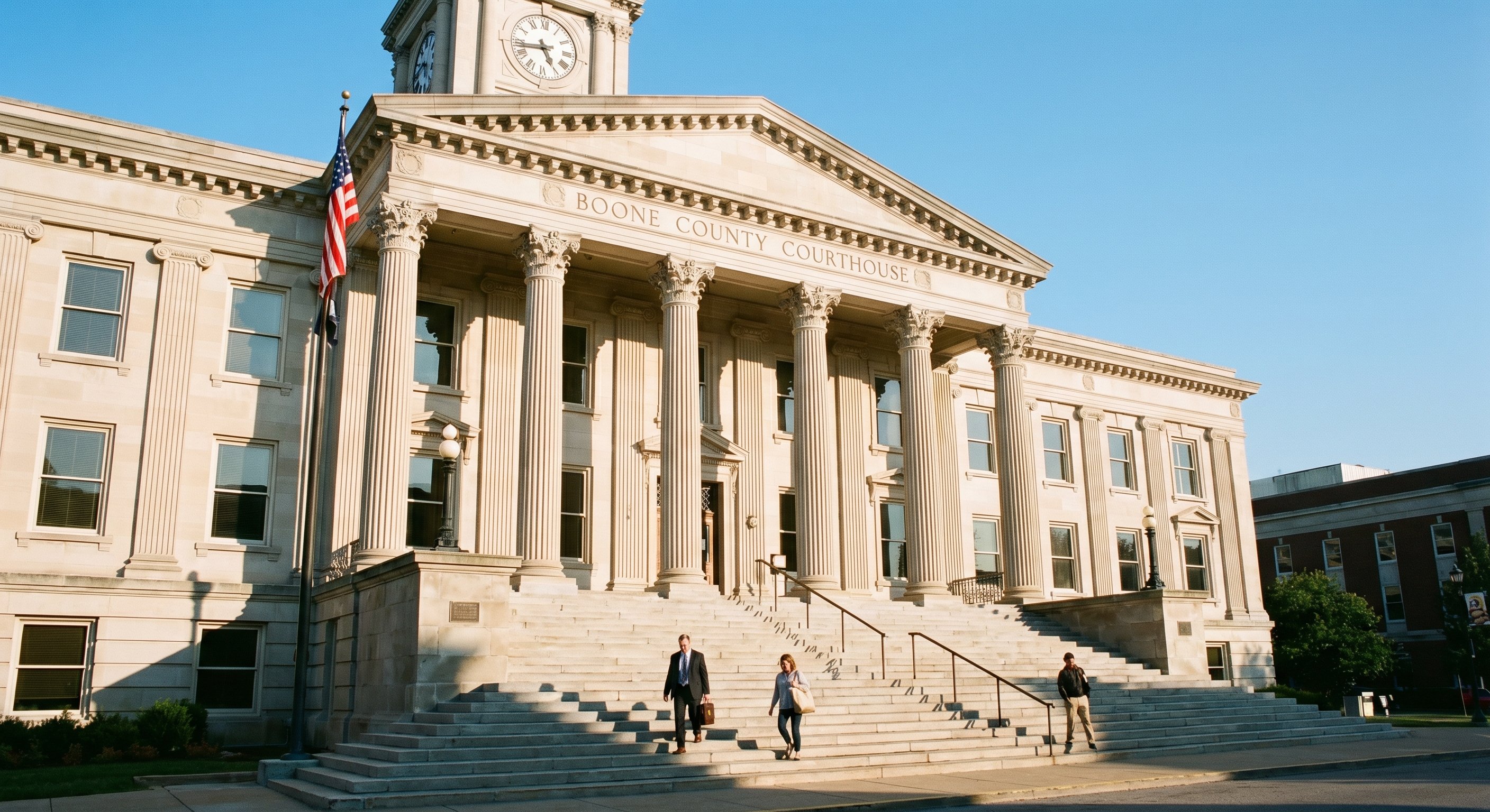 County courthouse exterior with classical columns, clear morning light