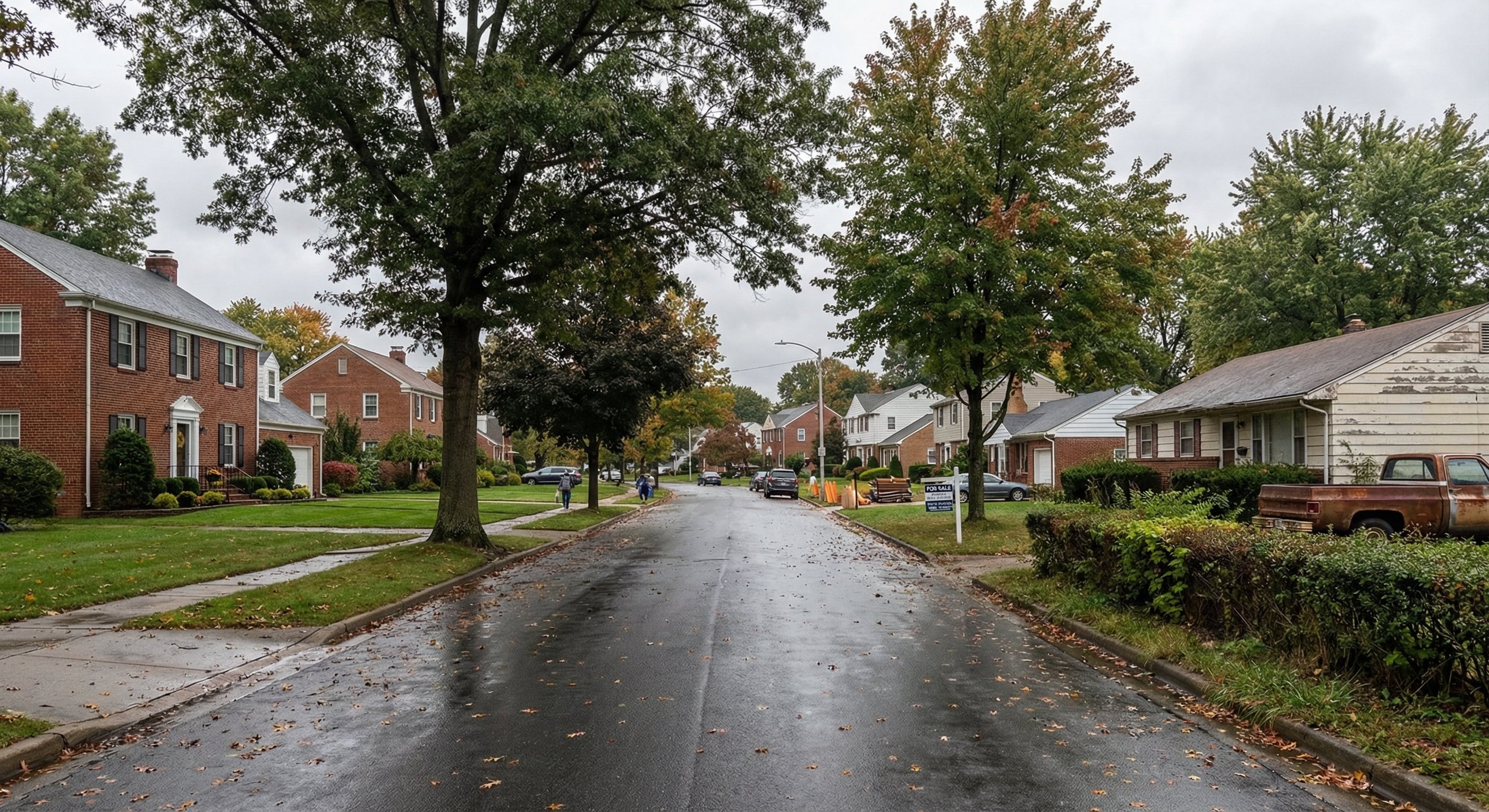 Diverse suburban American neighborhood with mix of home styles