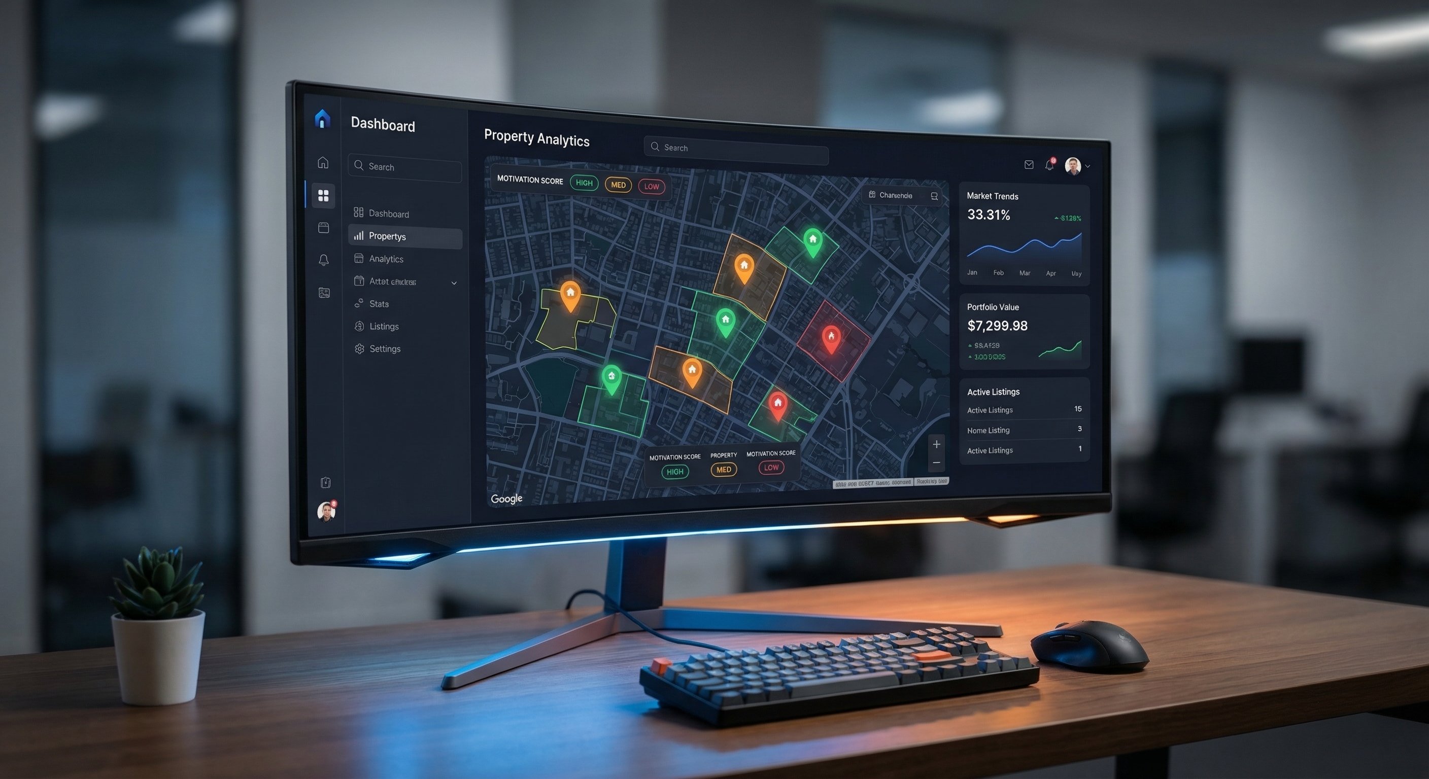 Dark-themed property analytics dashboard displaying a map interface with colored pins, motivation scores, and data cards on a modern monitor in a clean workspace setup