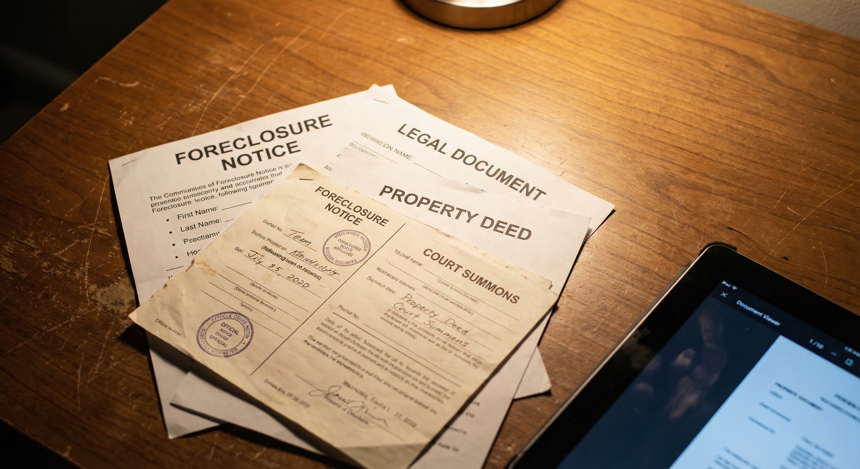 Photorealistic close-up of foreclosure notices and legal documents spread across a desk with a tablet device, warm desk lamp lighting creating focused illumination on the paperwork
