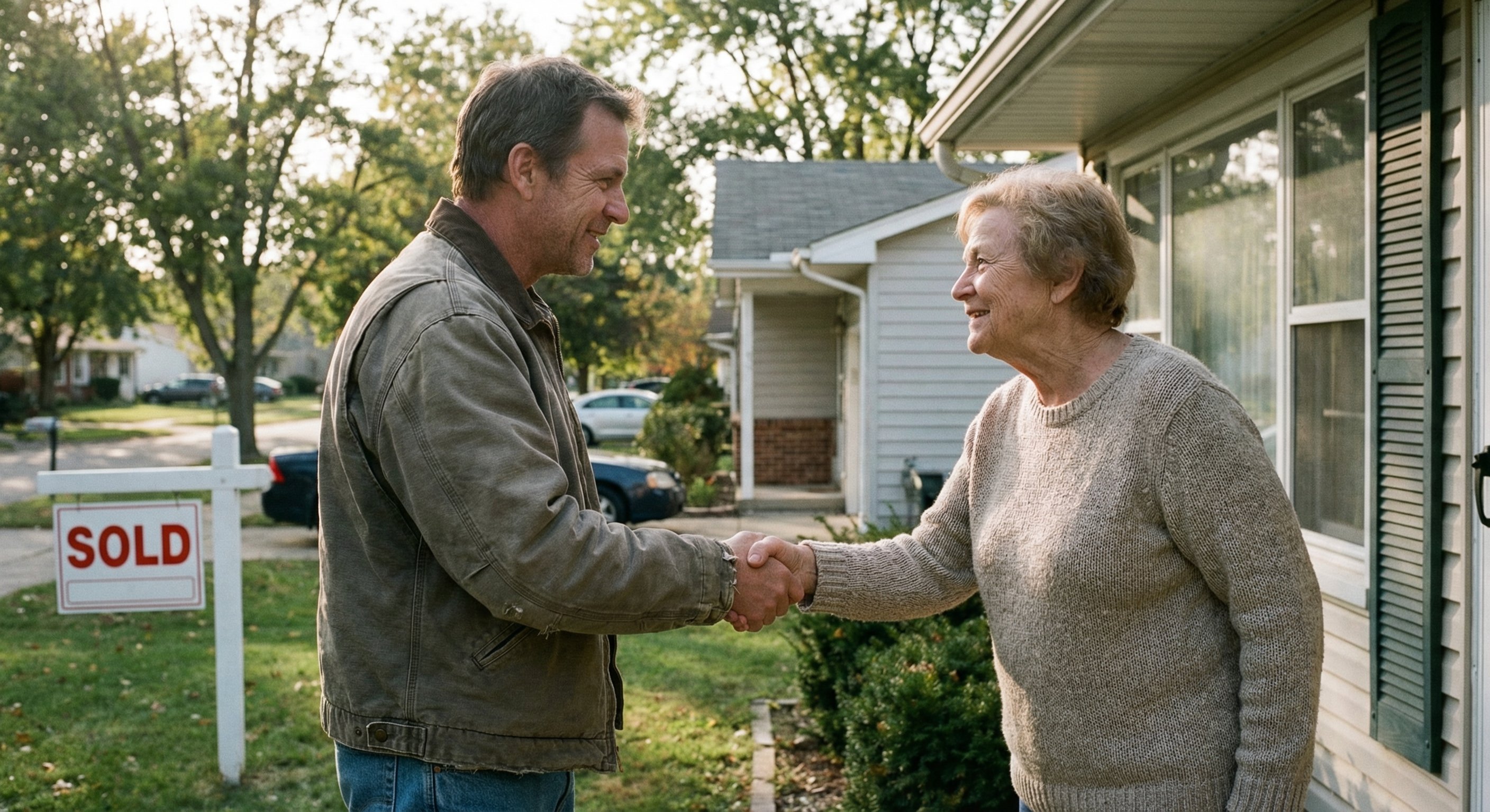 A real estate investor shaking hands with a homeowner at a property doorstep, authentic agreement moment in daylight
