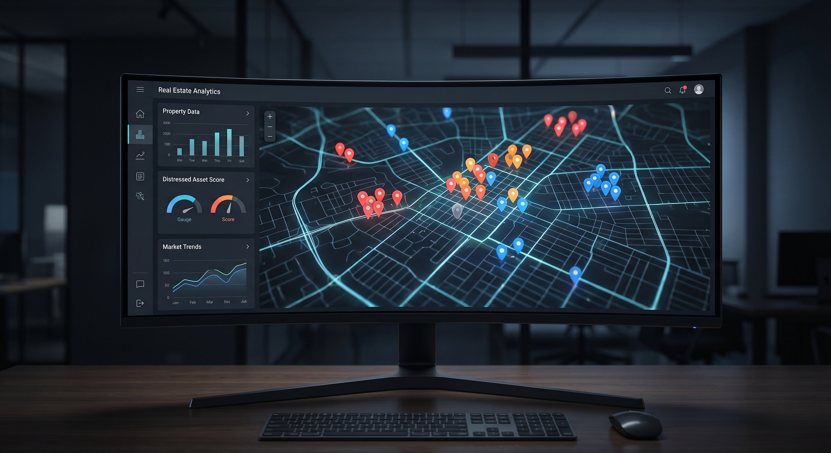 A sleek dark-themed real estate data dashboard showing an interactive map with color-coded property pins and motivation scores in a sidebar