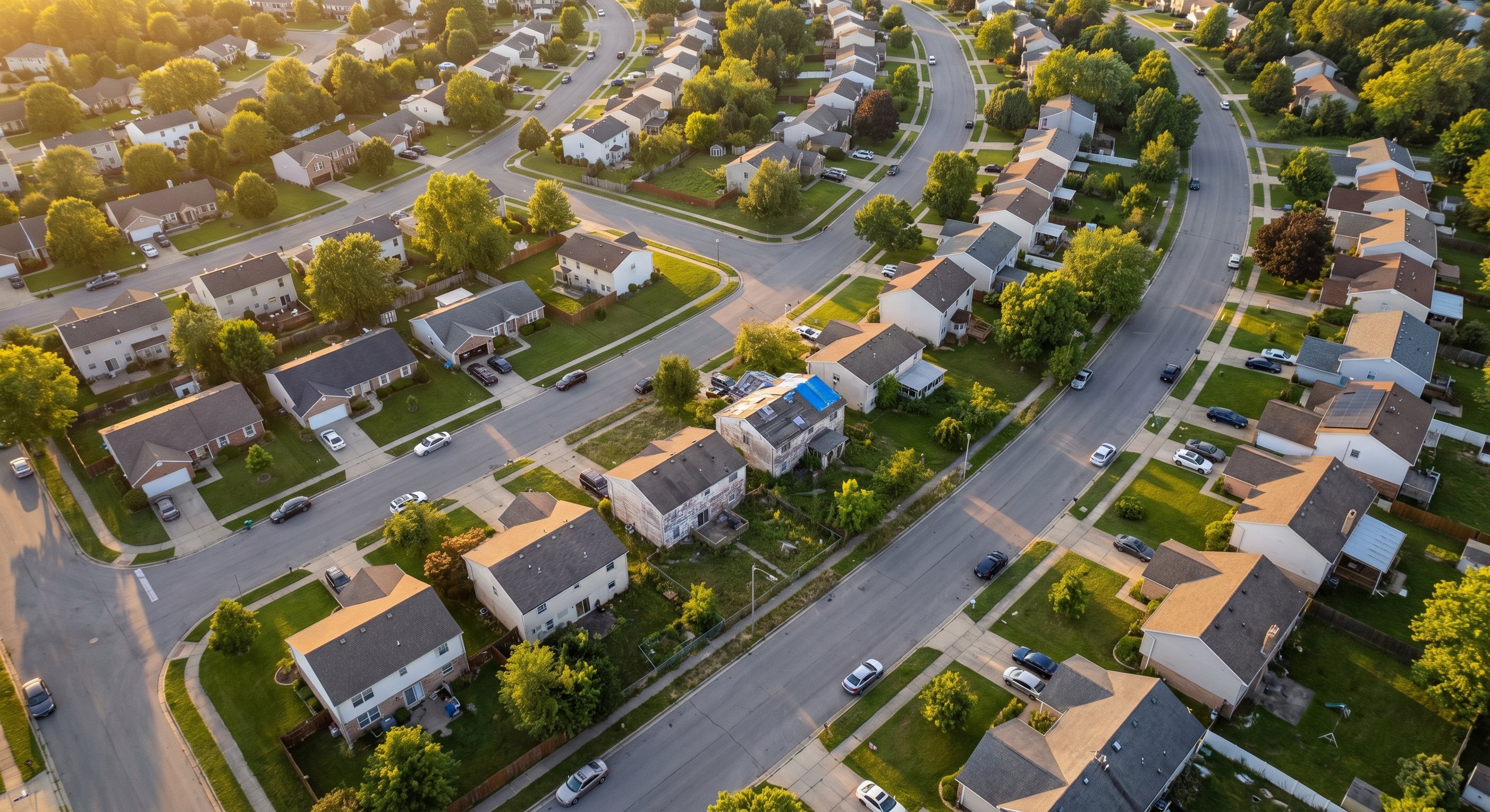 Aerial drone view of a suburban residential neighborhood with tree-lined streets and mixed property conditions