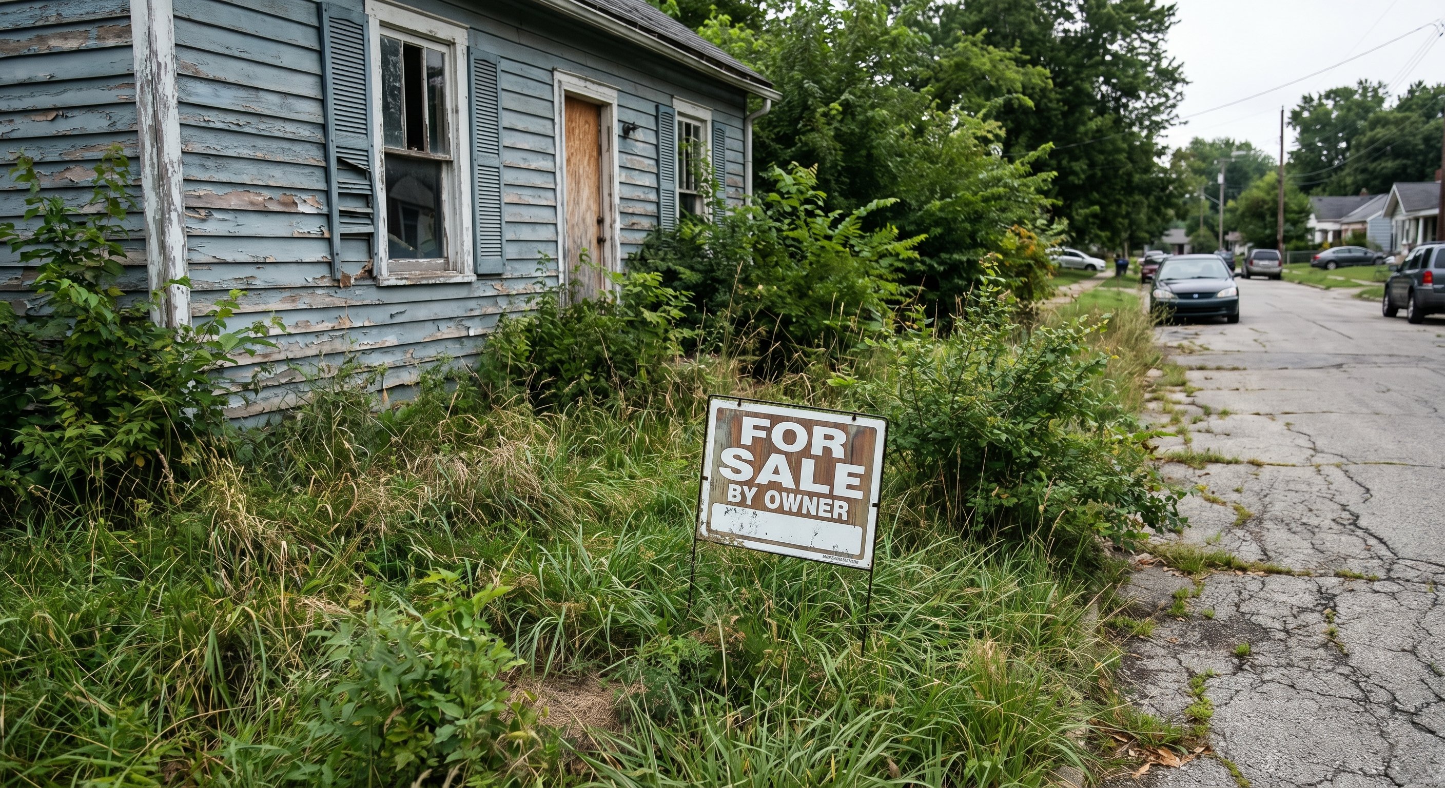 Exterior of a distressed single-family home with overgrown lawn and peeling paint