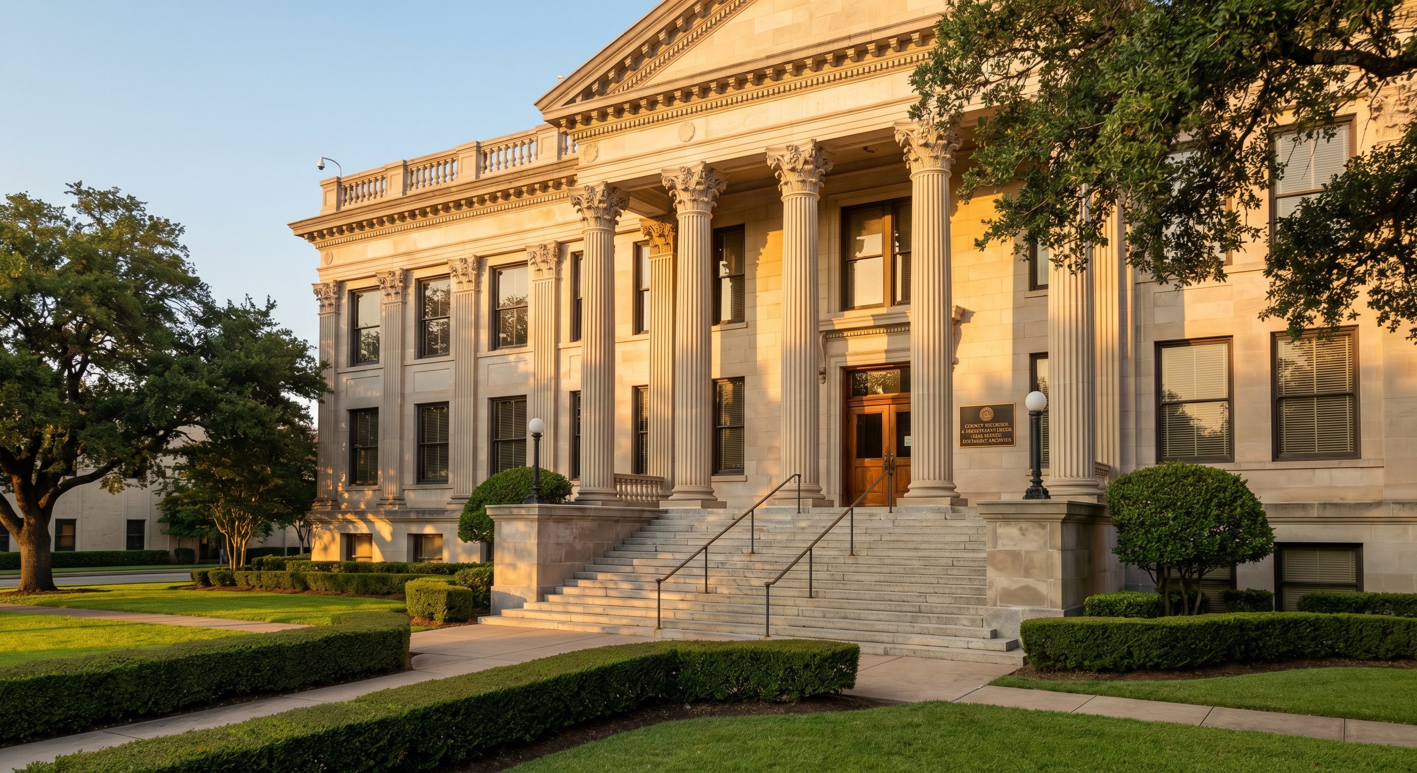 County courthouse exterior with classical architecture, columns, and stone steps in warm afternoon light