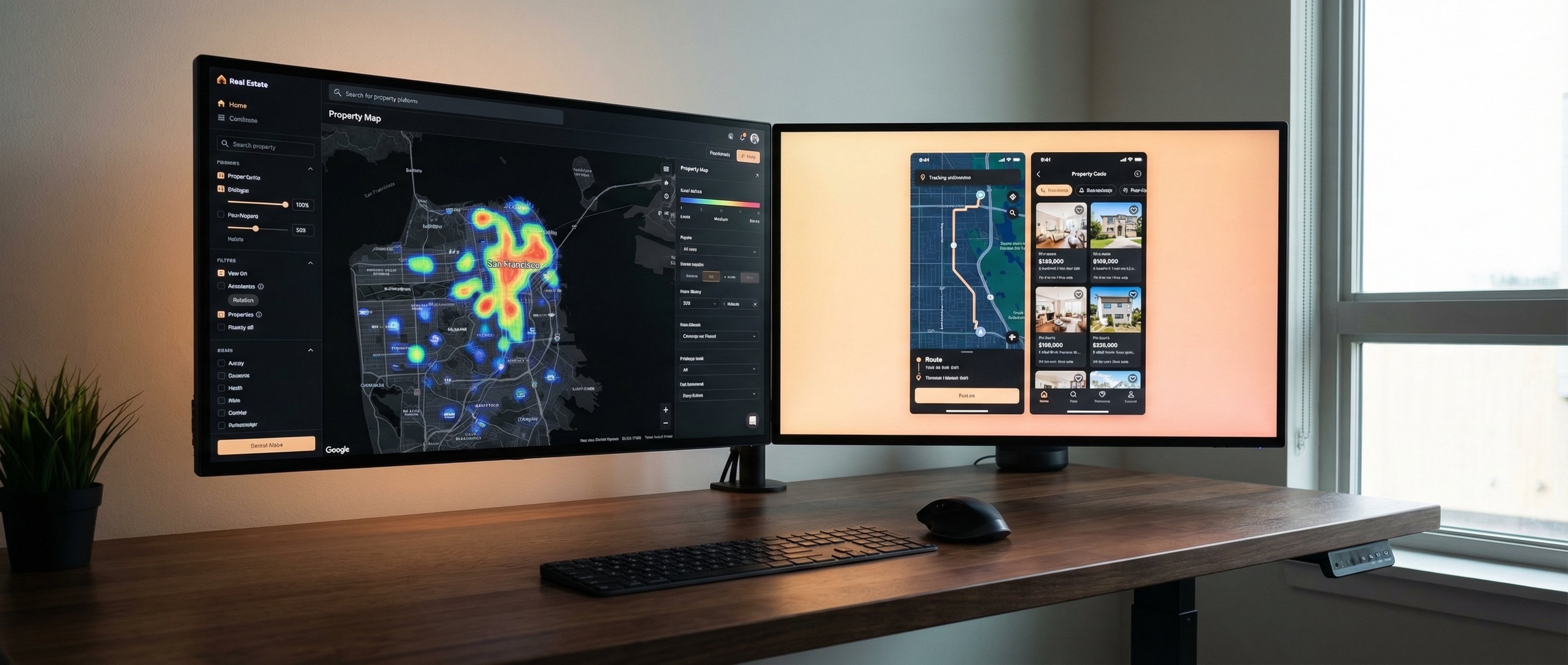 Side-by-side comparison visualization of two real estate investor software platforms showing data dashboards and property maps on dual monitors