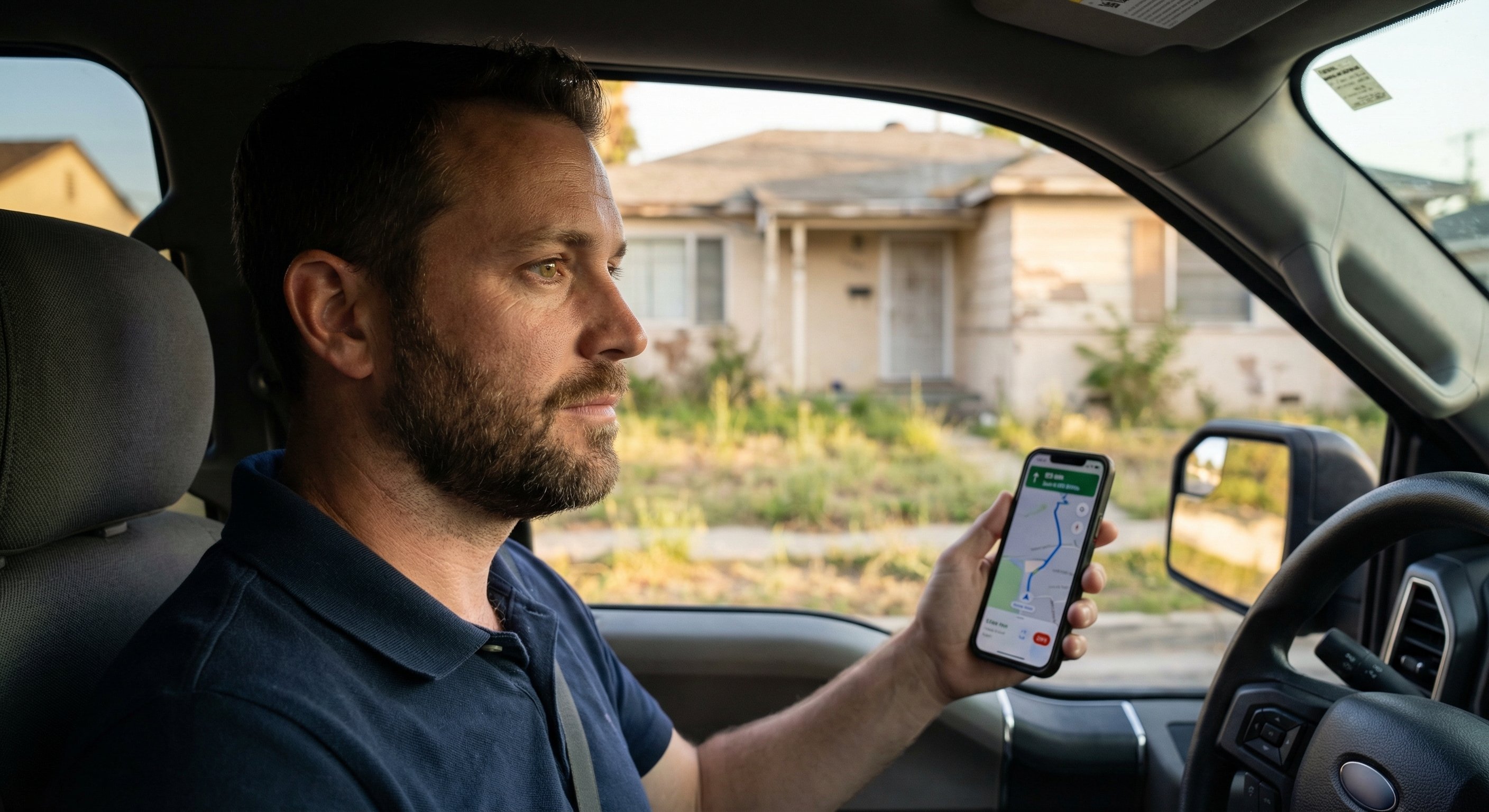 Real estate investor in a pickup truck using a smartphone app to map a distressed property in a suburban neighborhood with overgrown yard