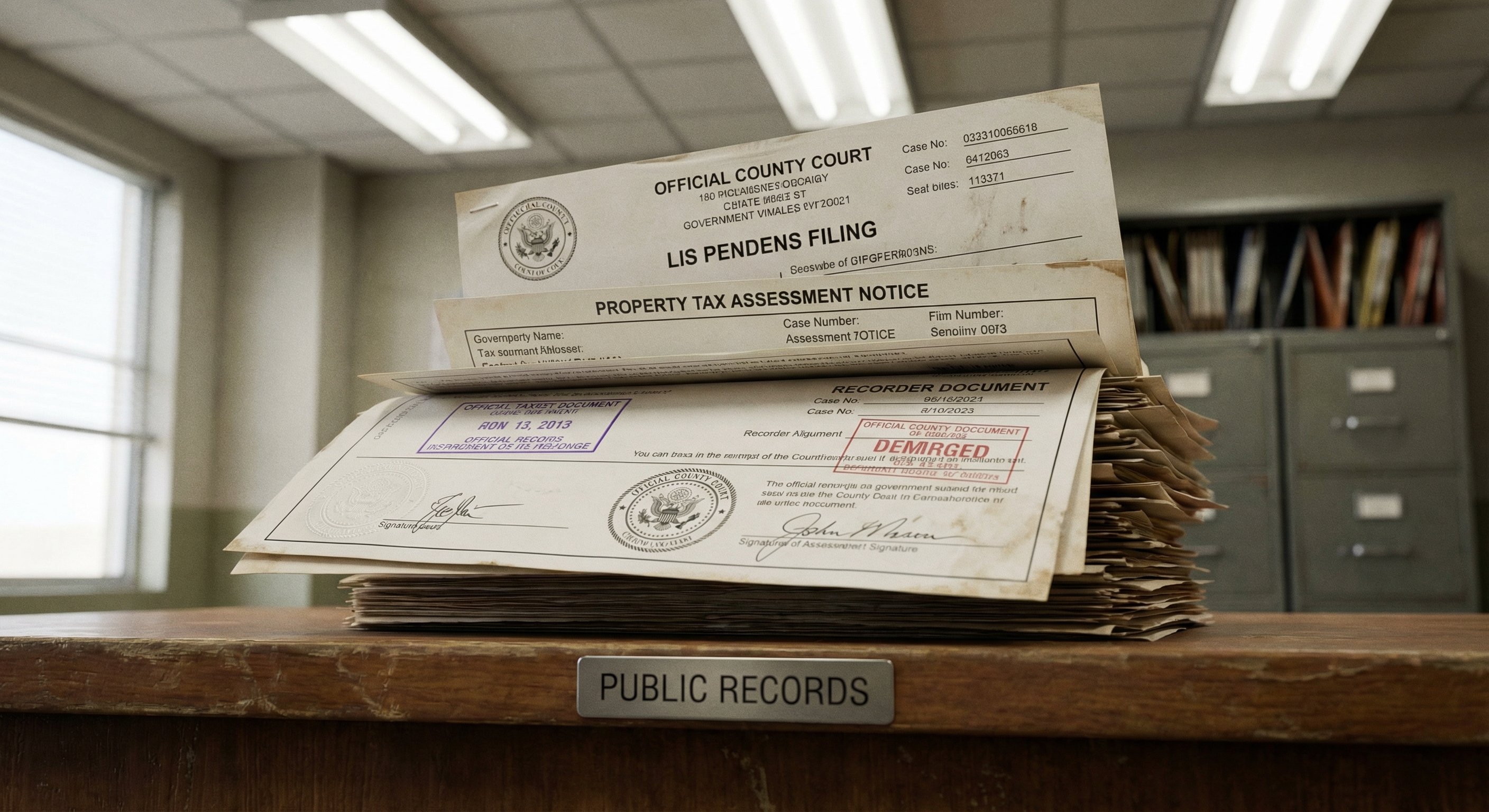 A stack of county court property filing documents on a wooden government office desk with a "public records" sign visible in the background