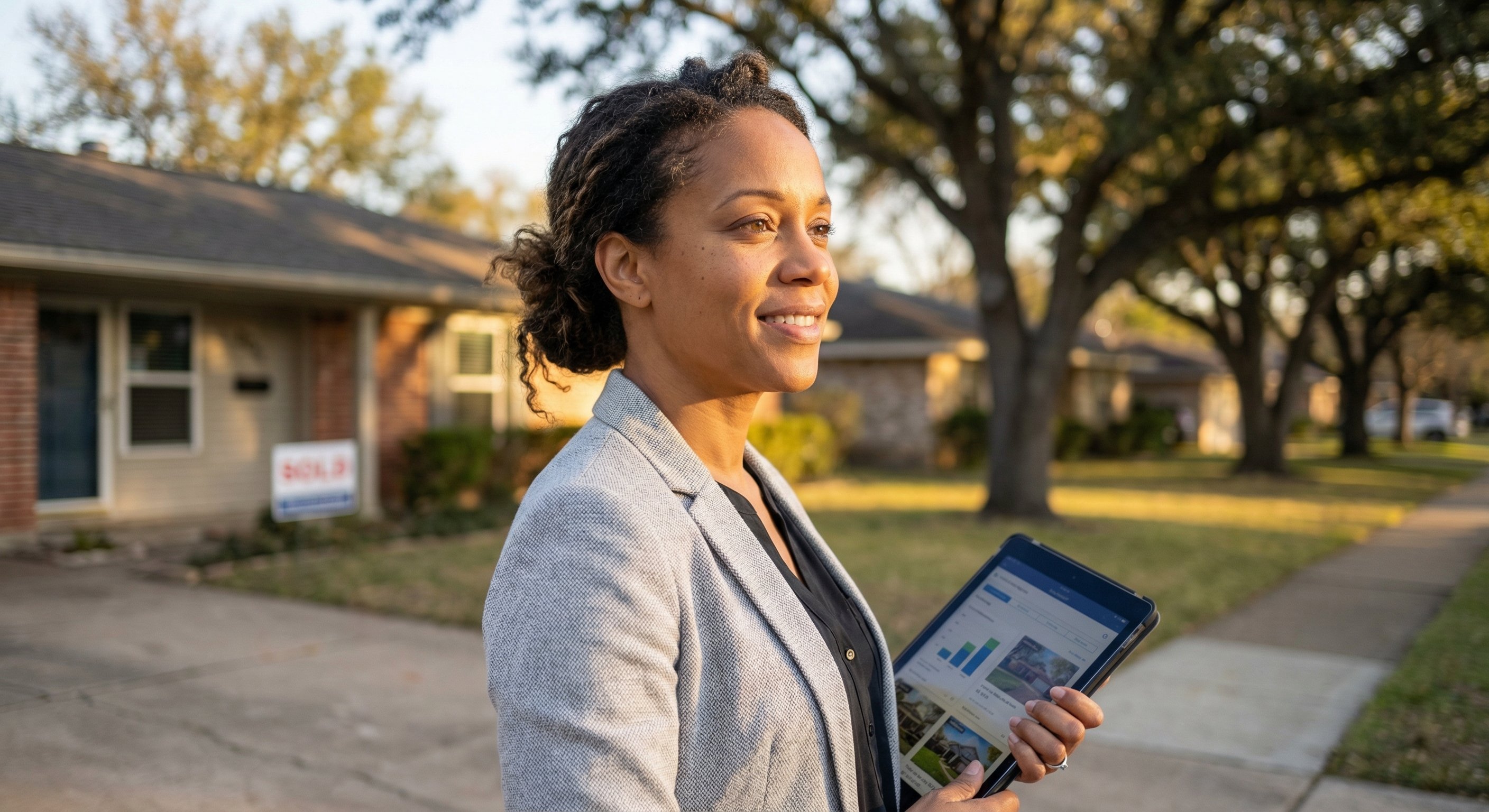 Real estate investor standing at a property walkthrough reviewing a tablet showing property data with a tree-lined suburban street visible in background
