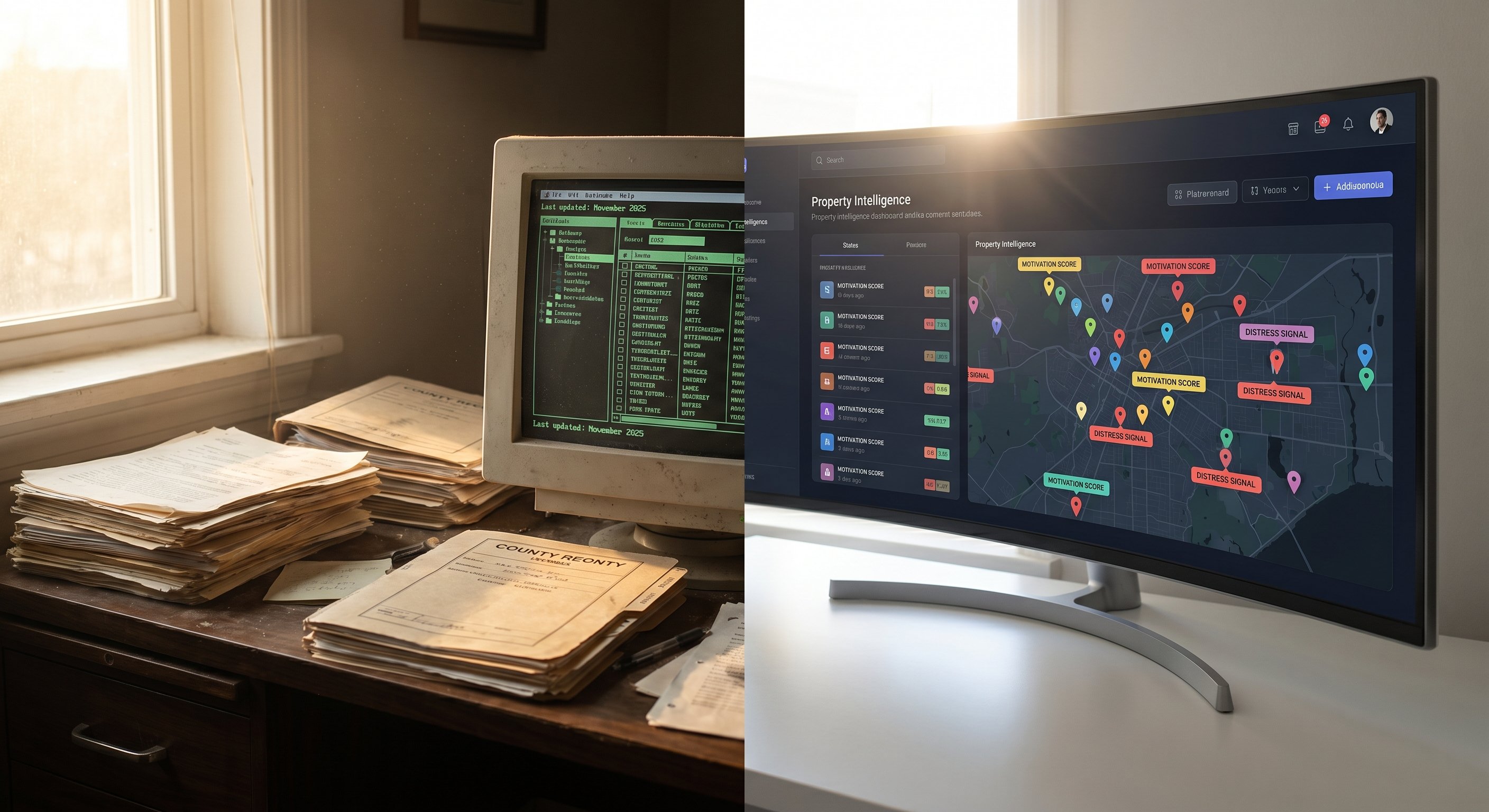 Split-screen comparison of stale PropStream data versus live DistressIQ dashboard