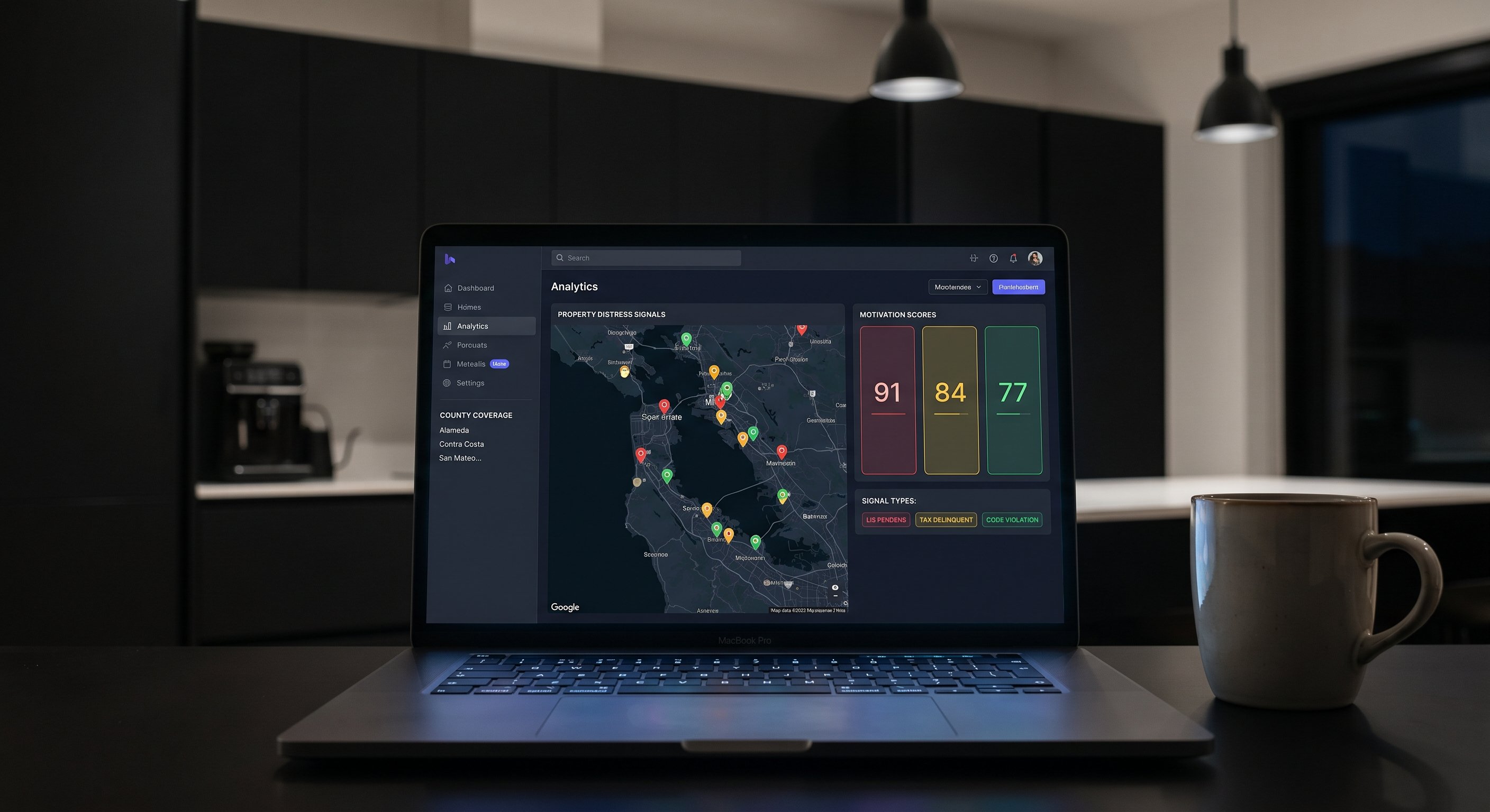 Dark-themed analytics dashboard showing motivation scores and distress signal map