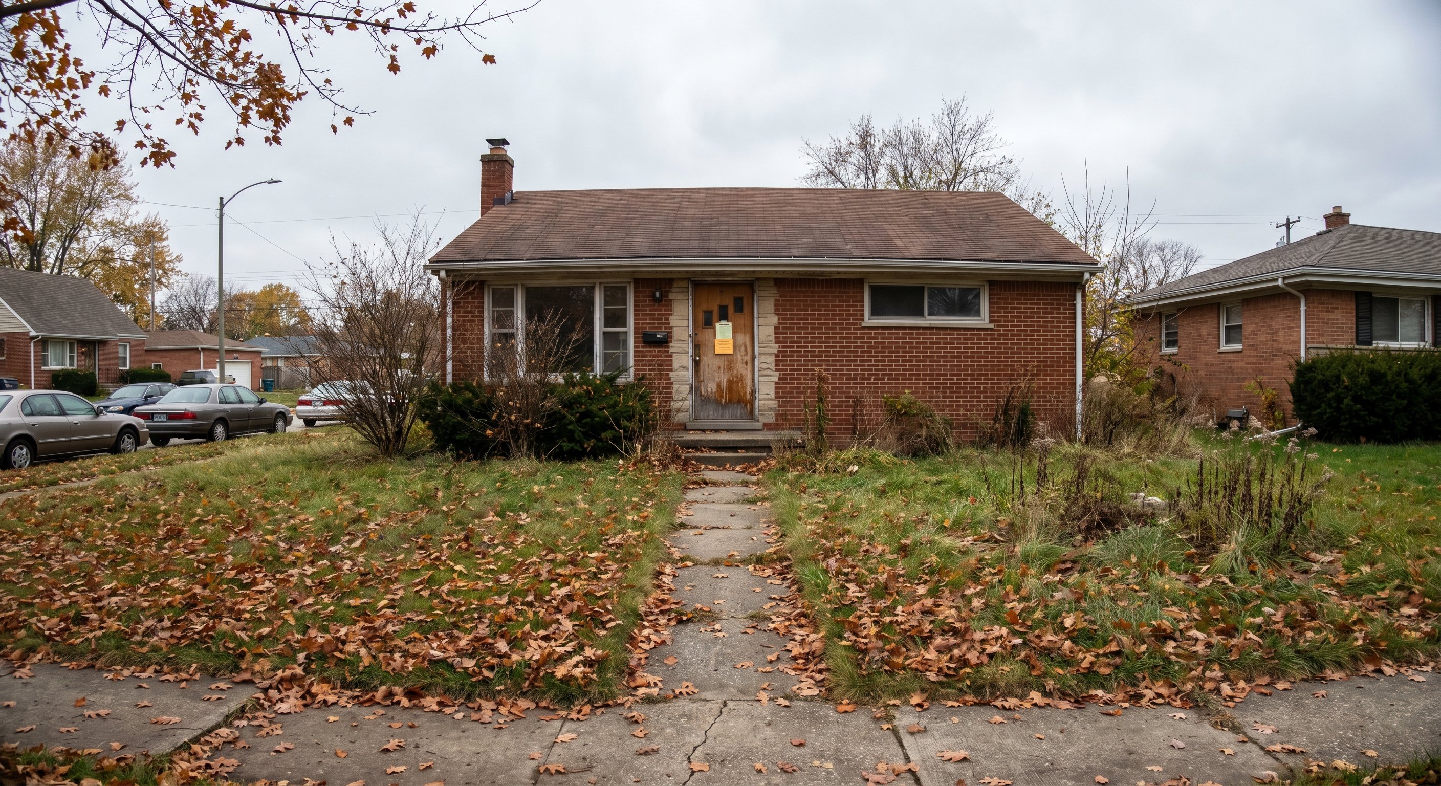 Midwestern single-family home with code violation notice on door and overgrown yard