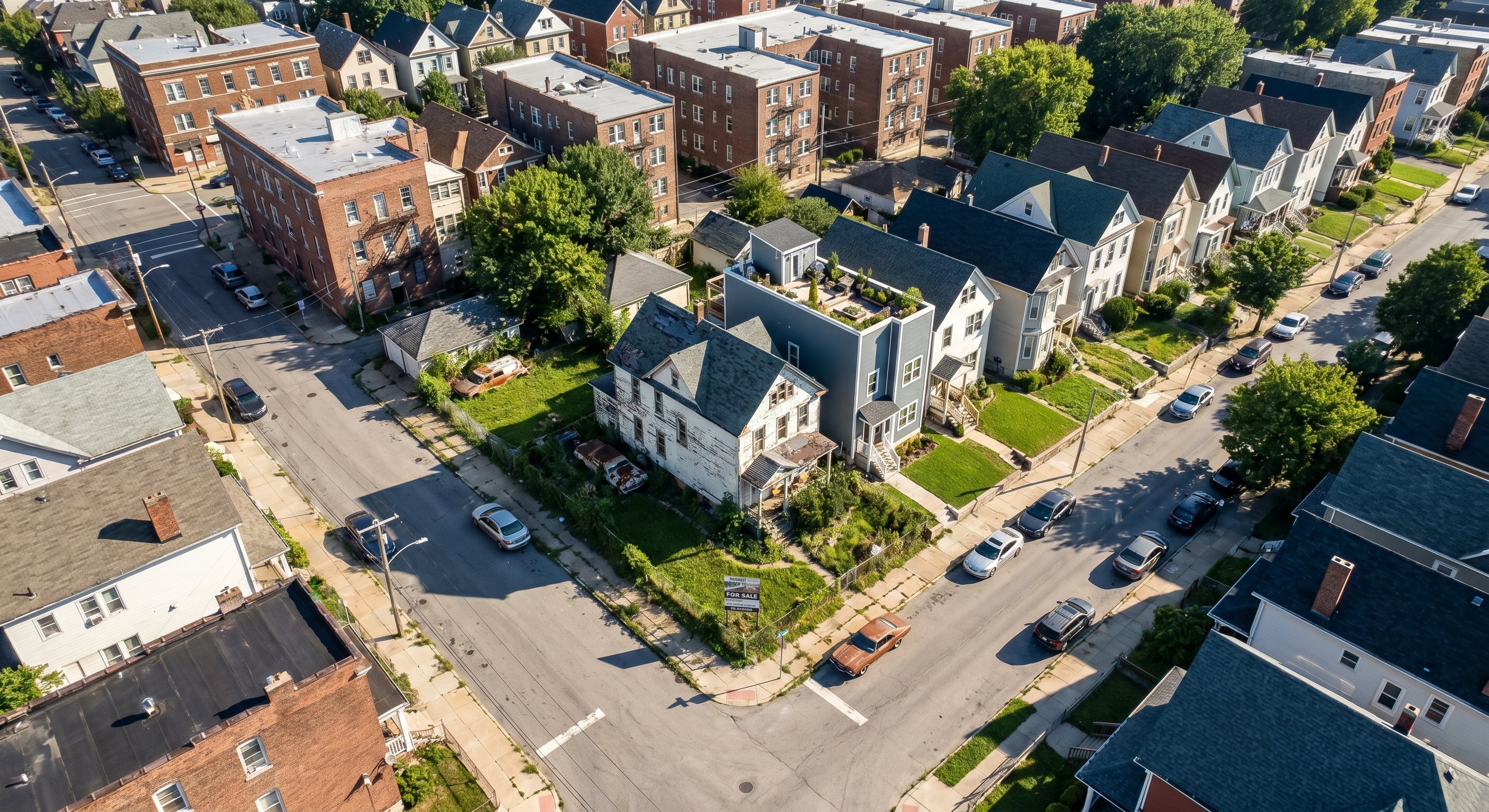 Aerial view of dense urban neighborhood showing mixed property conditions