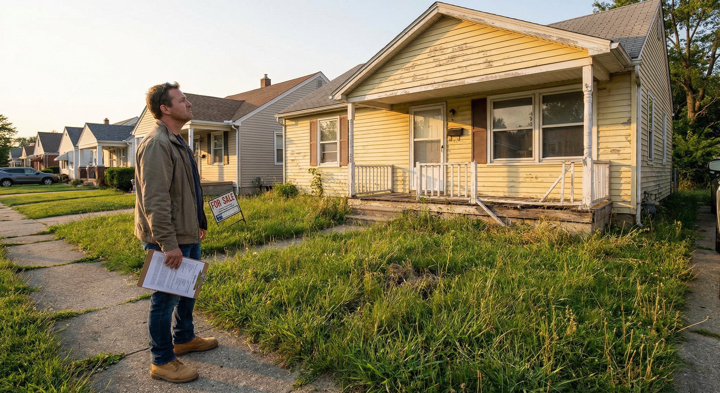 An investor reviewing printed county property records against an actual residential property exterior