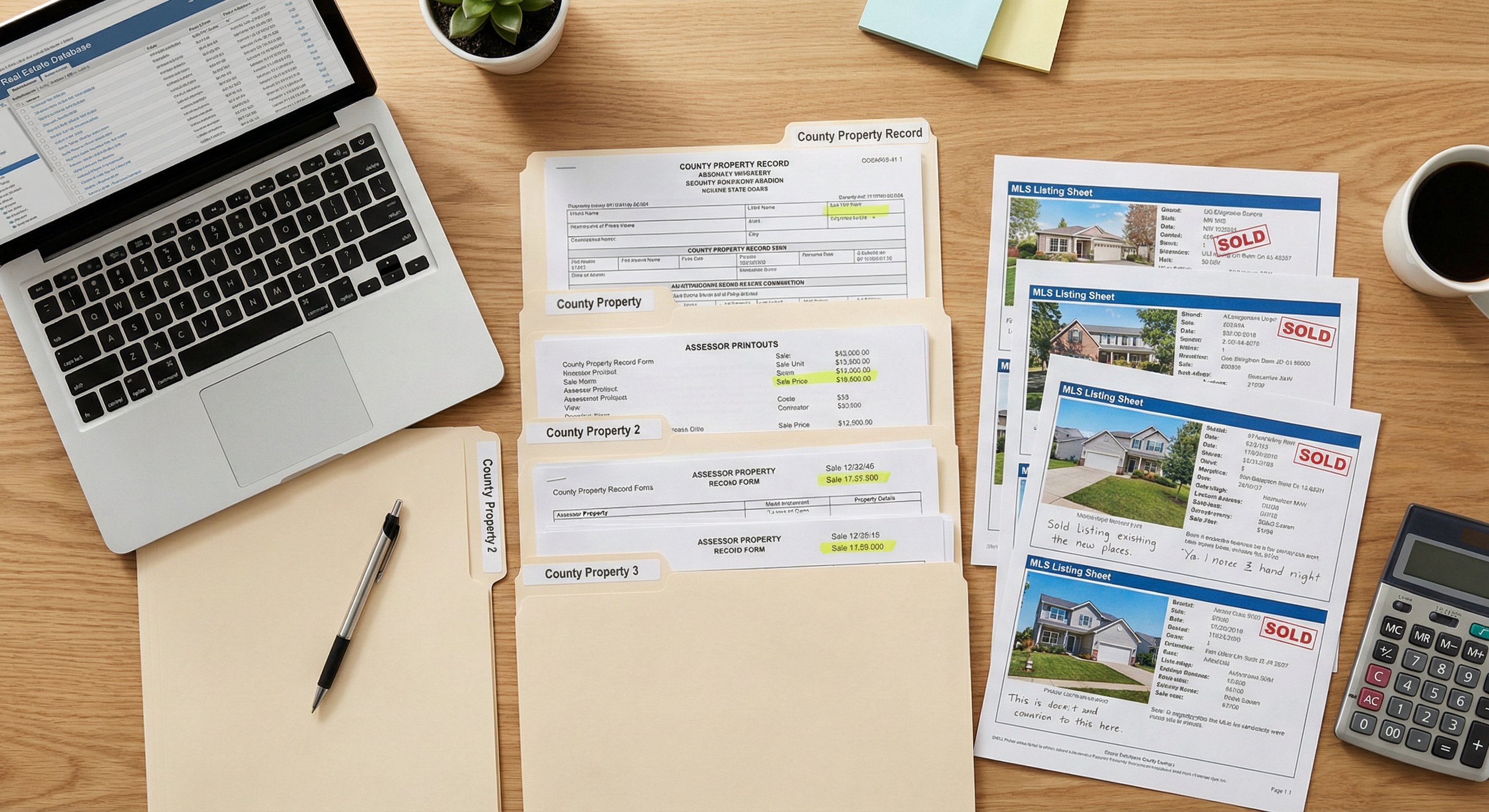 County property records spread on a wooden table with comparable sales highlighted