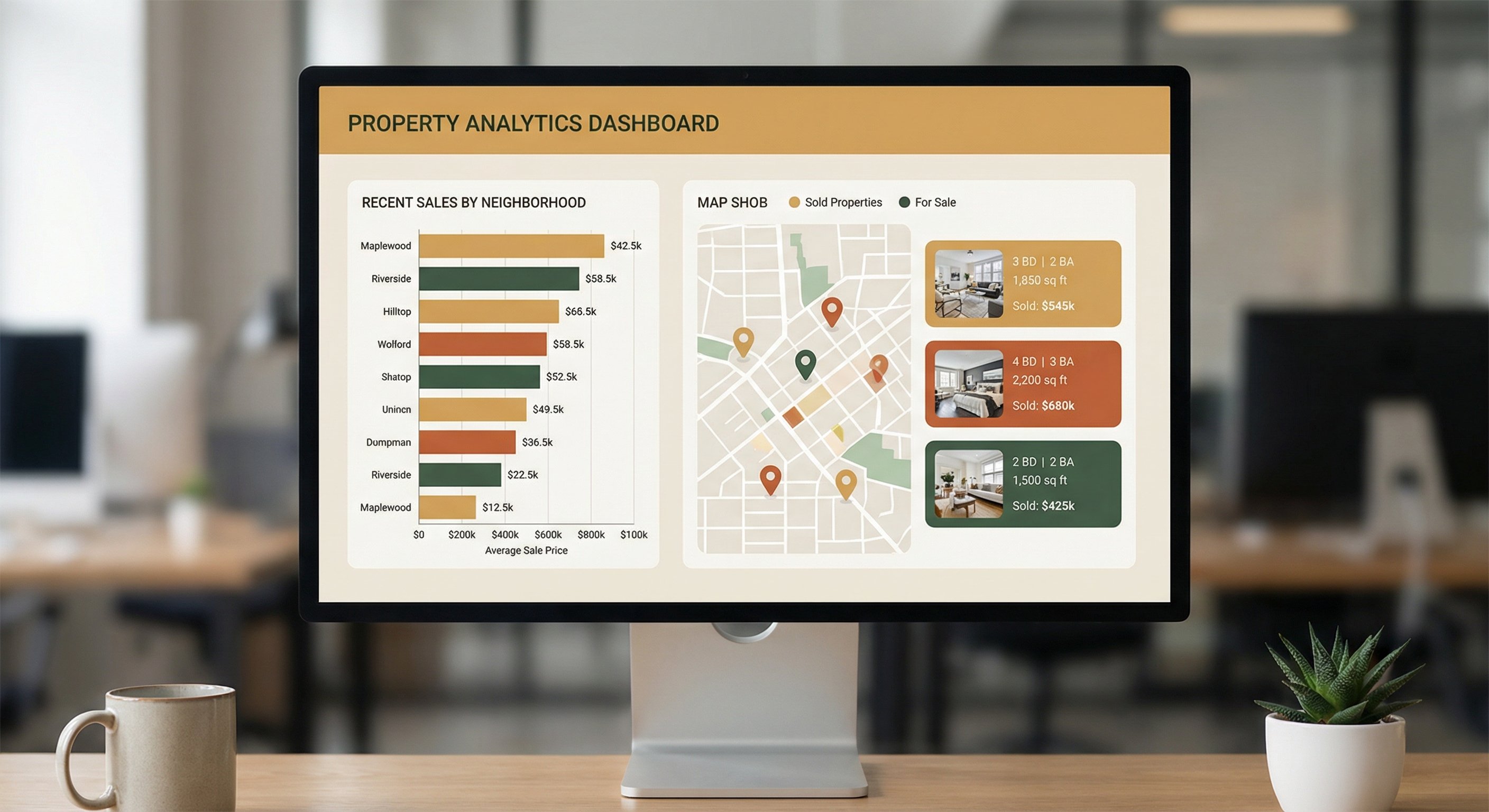 A professional comparable sales data dashboard with neighborhood bar charts and property location pins