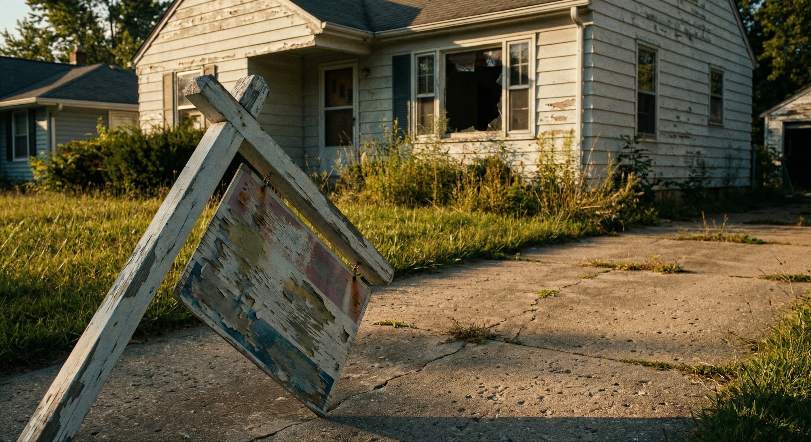 A weathered for-sale sign in front of a distressed property with deferred maintenance