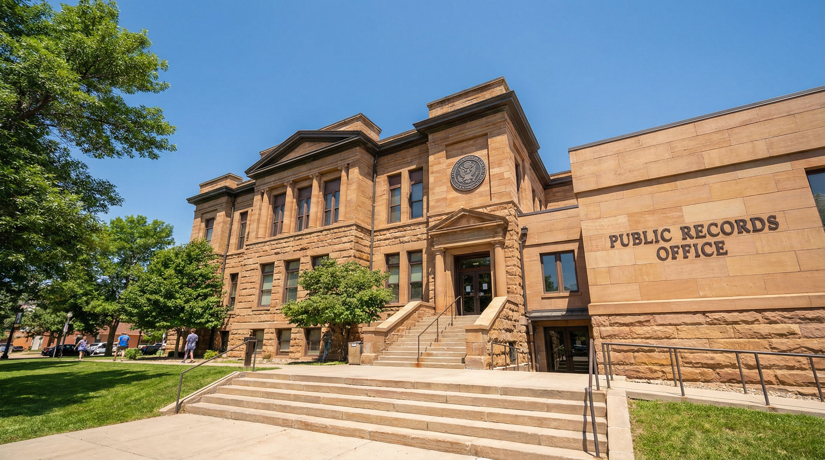 County courthouse exterior with public records office signage