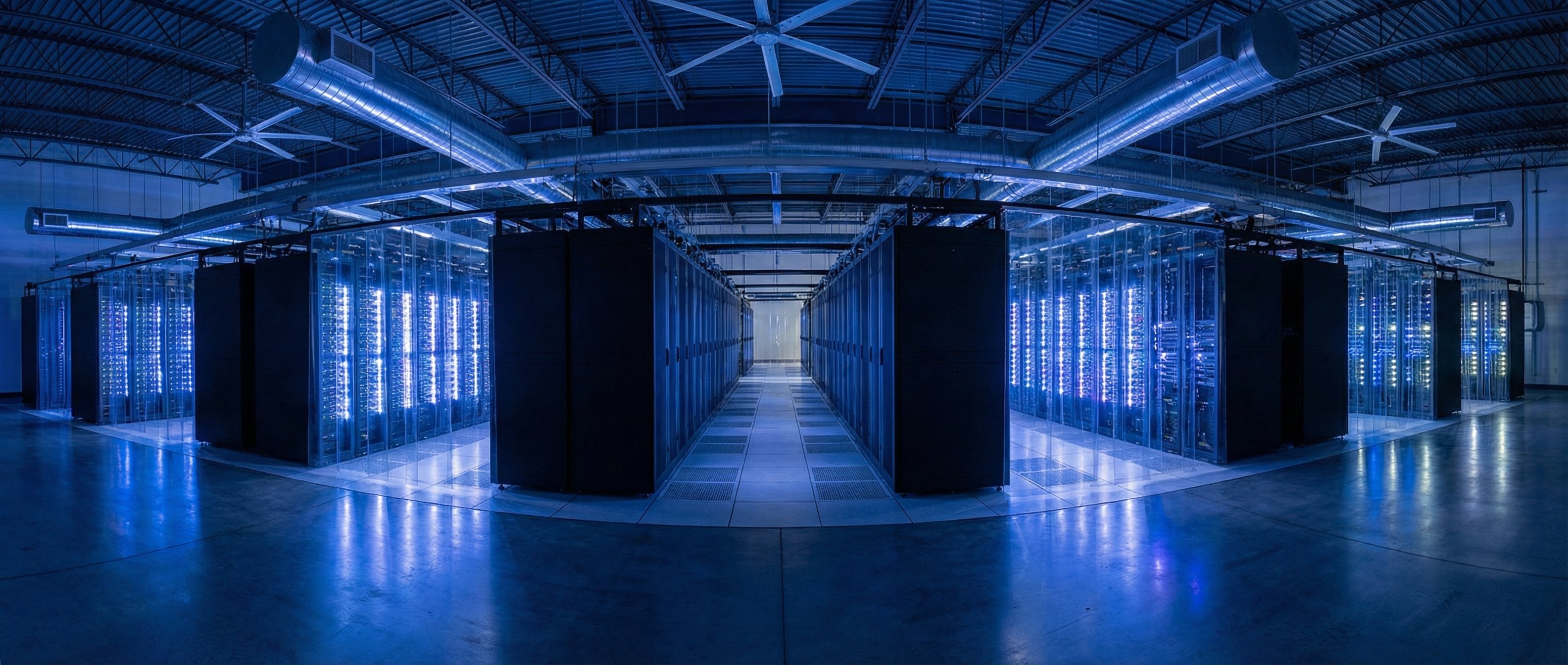 Data center server room with illuminated racks and cooling systems