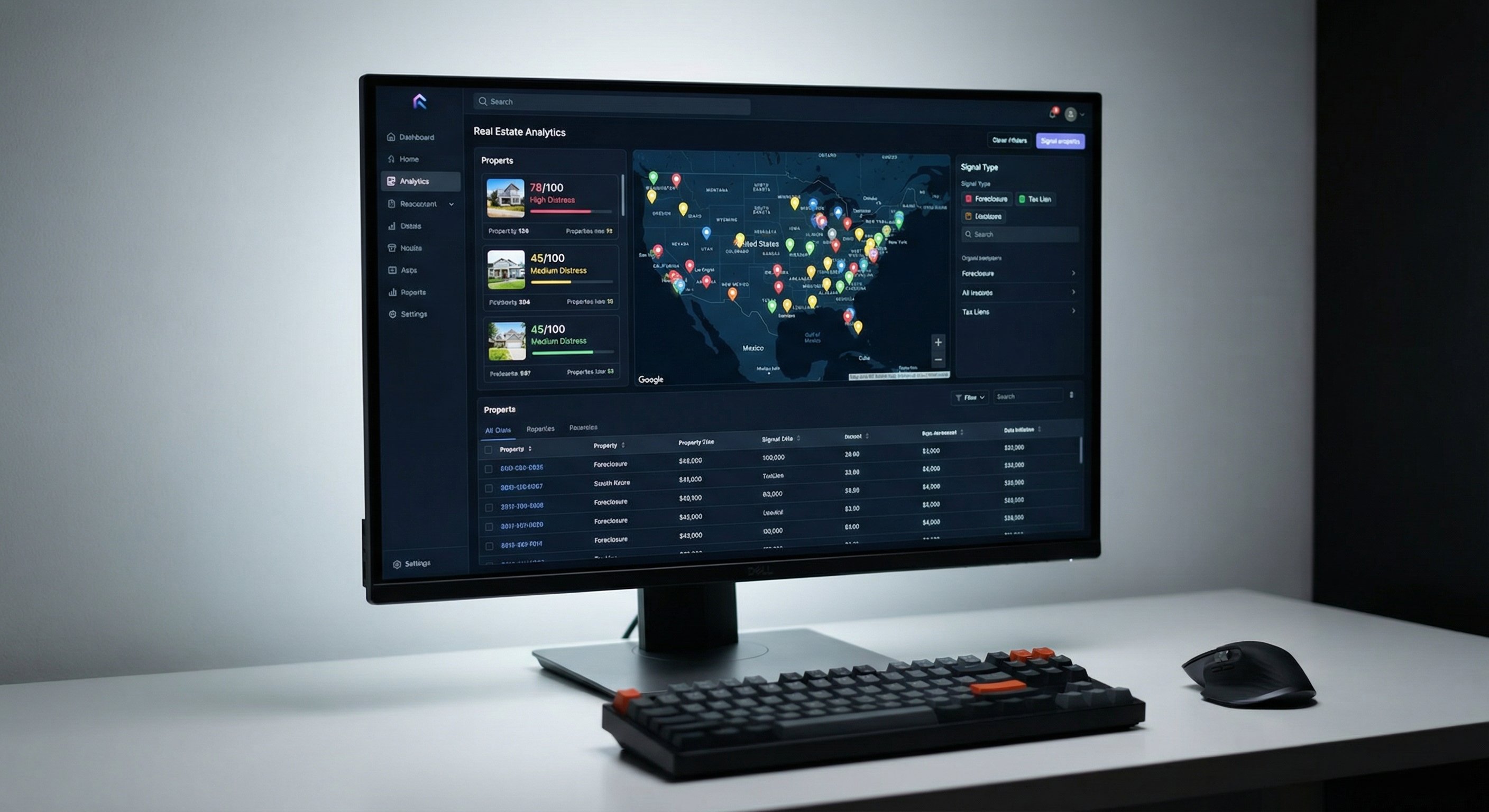 Dark-themed real estate analytics dashboard with distressed property map view and scores