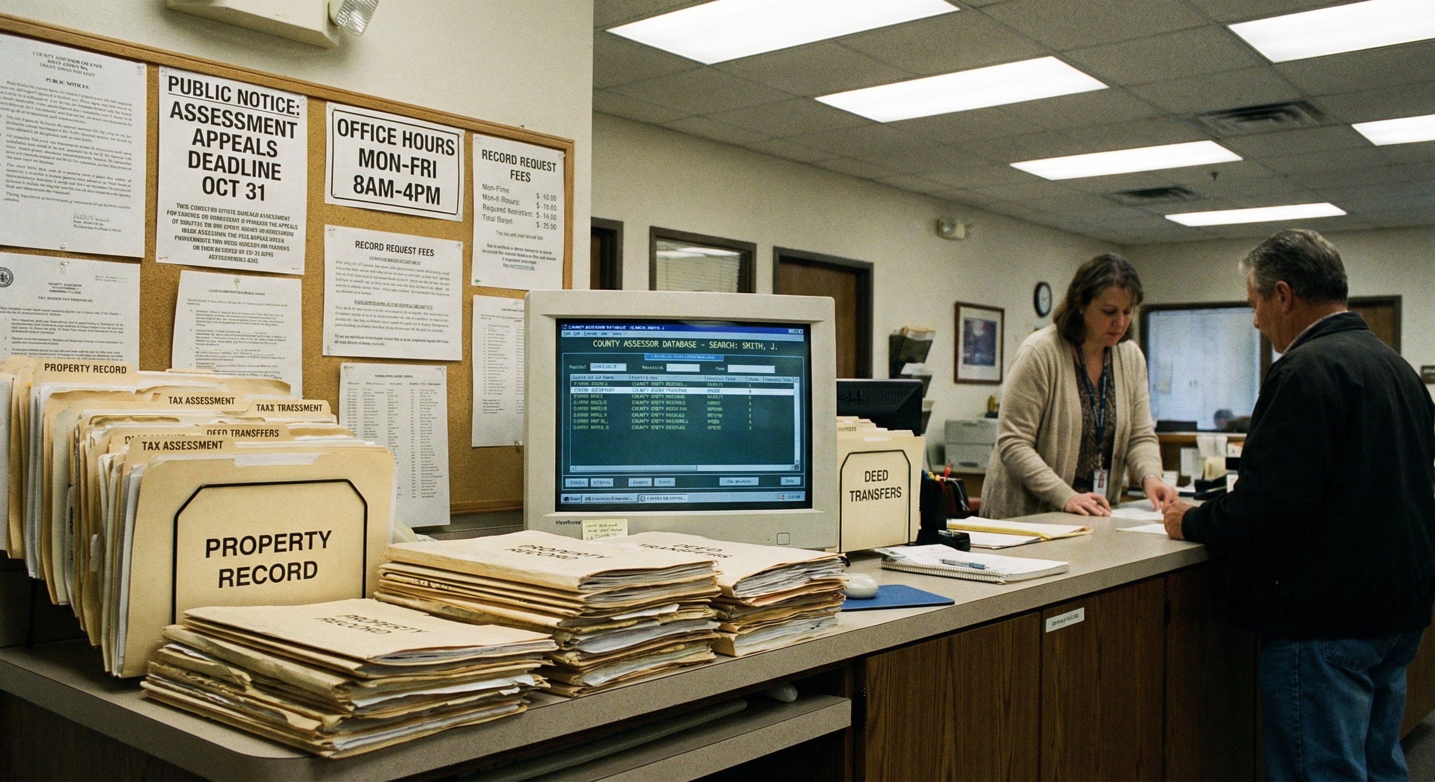 County assessor's office counter with official property record folders and public notice signage